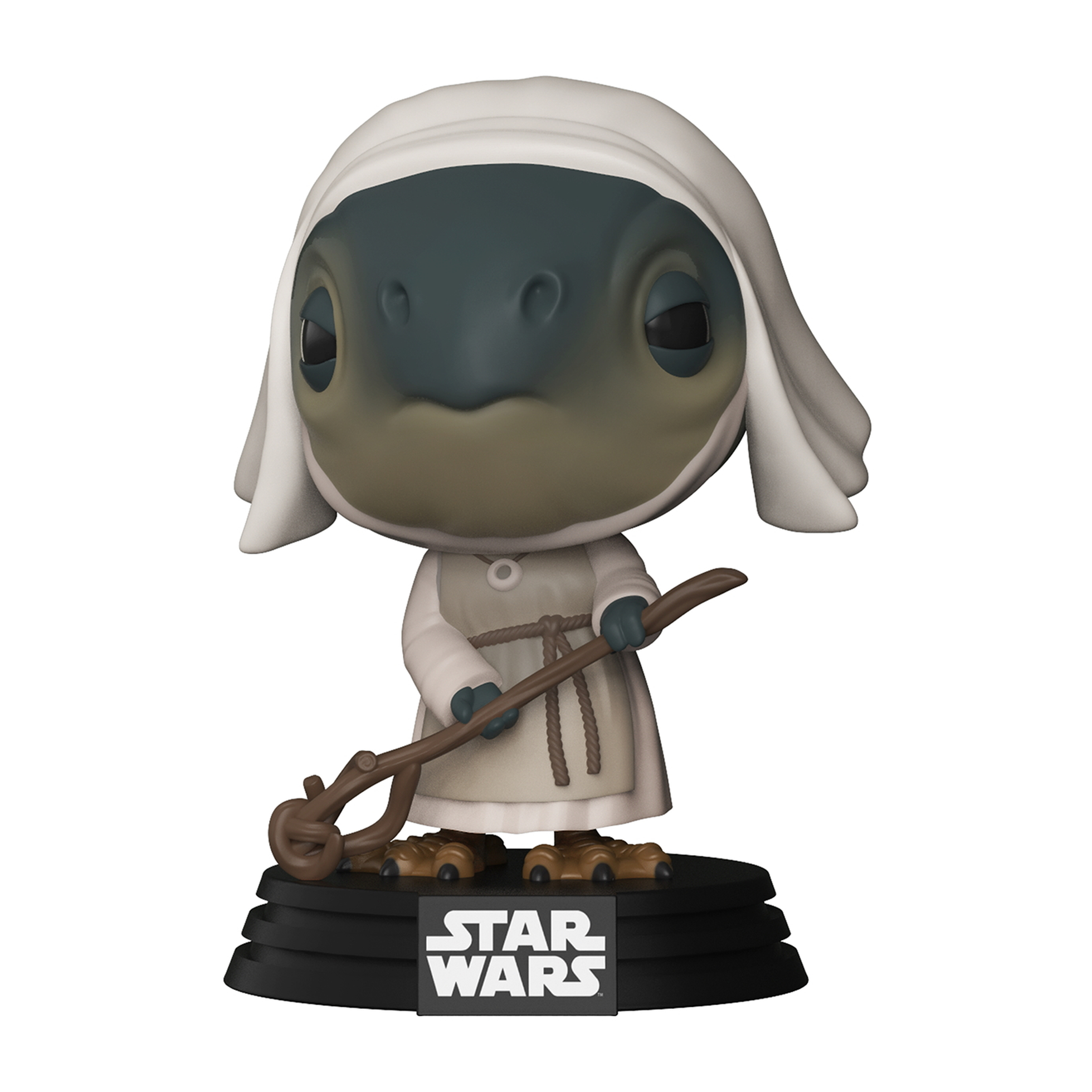 Eine Star Wars Funko Pop Figur. Sie zeigt ein Wesen mit weißer Kapuze und braunem Stock. Star Wars Logo auf der Basis.