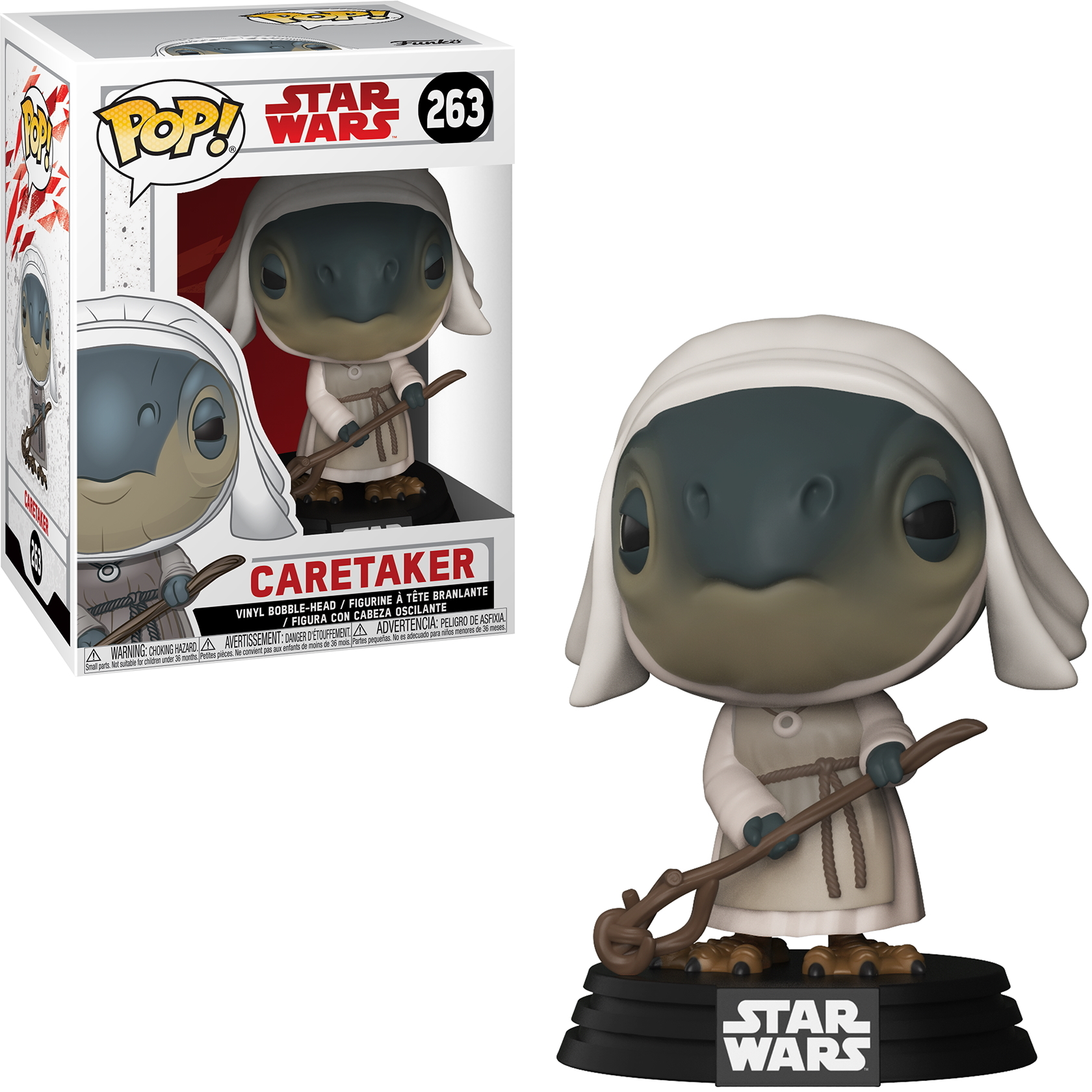 Star Wars Caretaker Figur in einer Box und die Figur selbst.