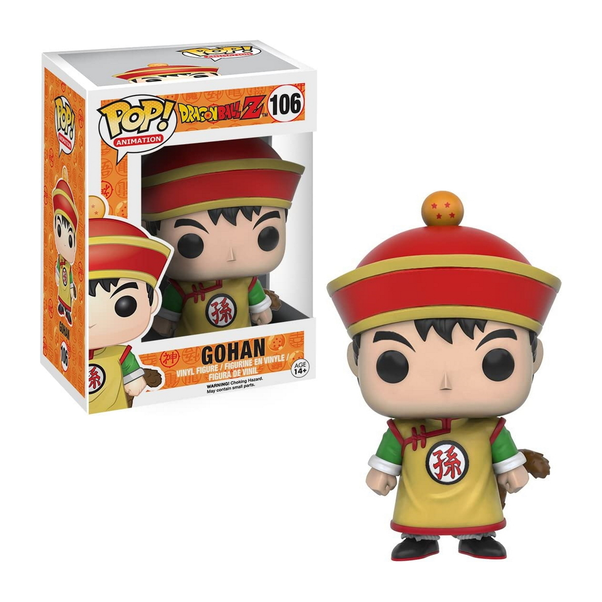 Figura di Gohan di Dragon Ball Z, in scatola, vestito di giallo, cappello rosso, con una palla.