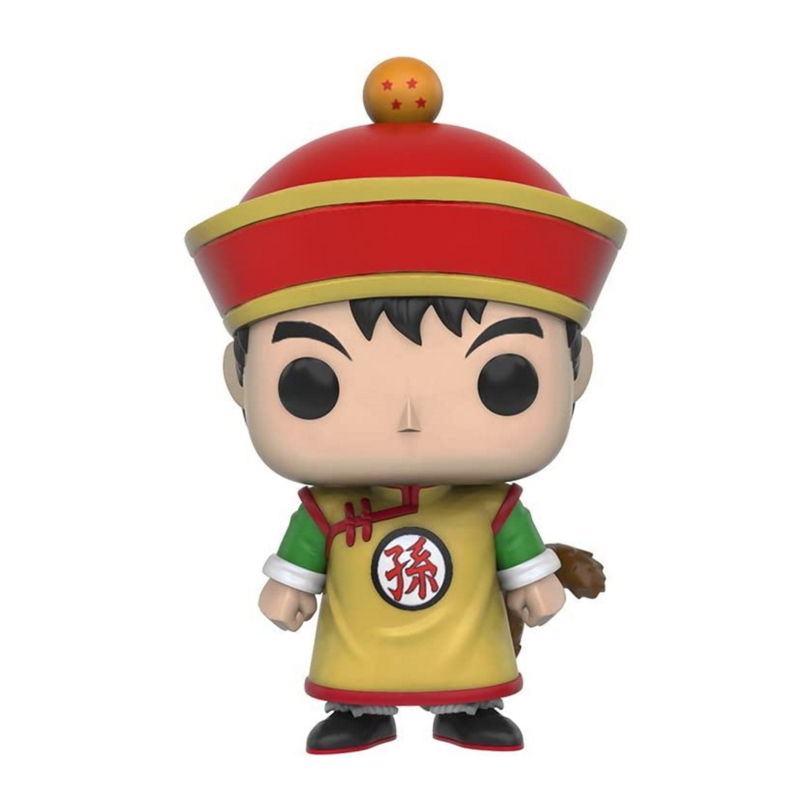 Figura di Gohan con cappello rosso e vestiti gialli. La figura ha i capelli neri e una pallina sul cappello.