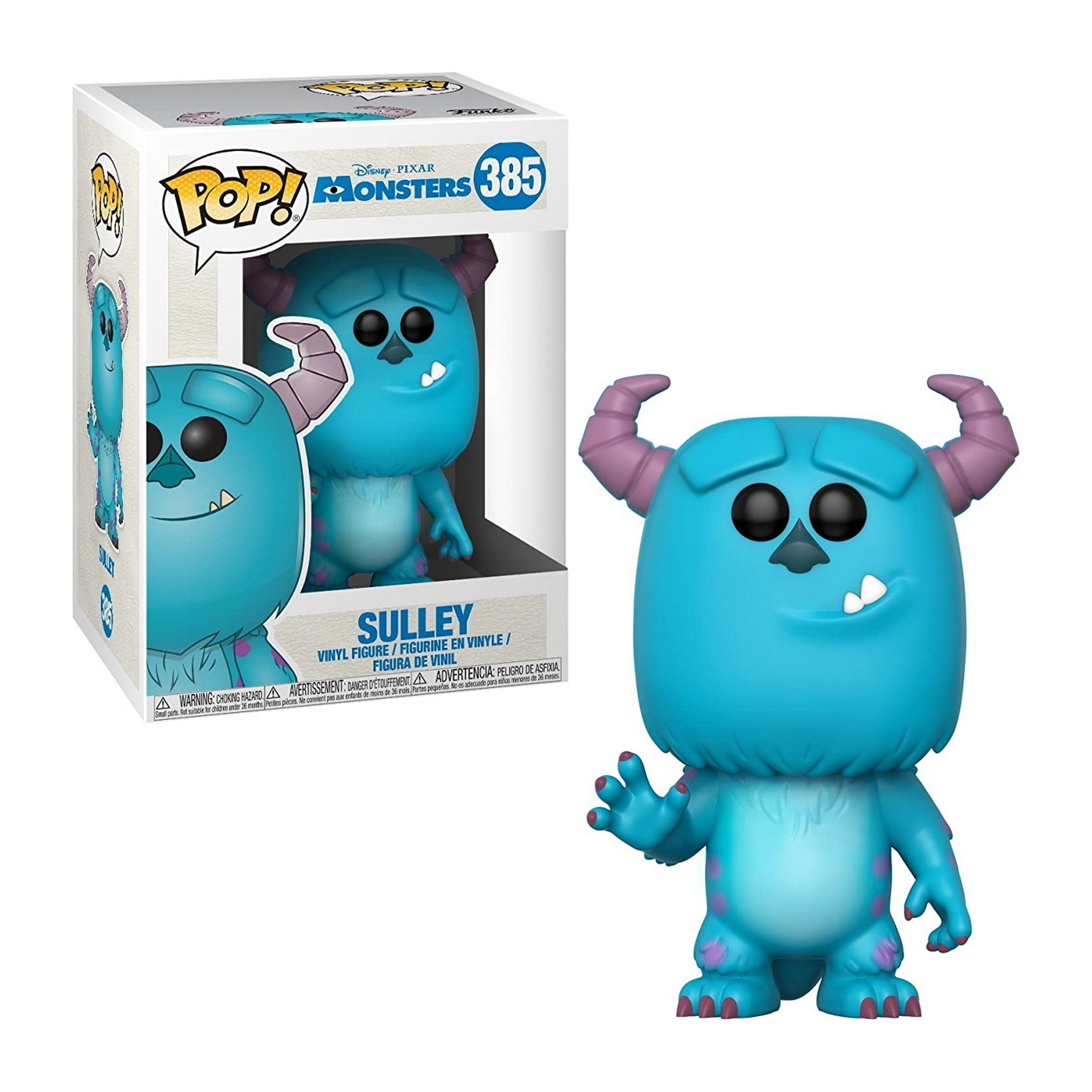 Eine Sulley Funko Pop Figur in einer Box und stehend, mit blauem Fell, lila Hörnern.