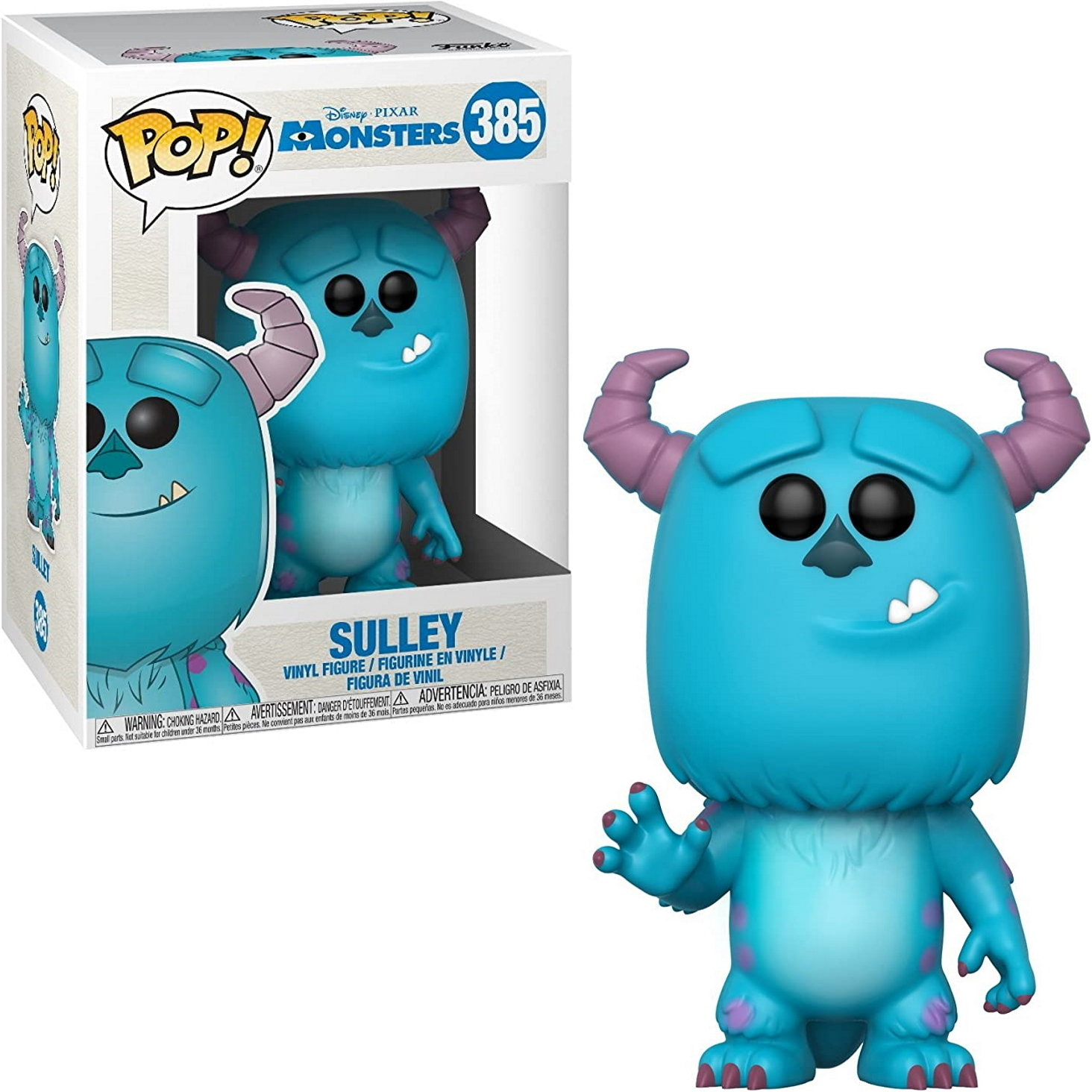 Sulley-Figur aus Monsters, Inc. in einer Box. Die Figur ist blau und lila.