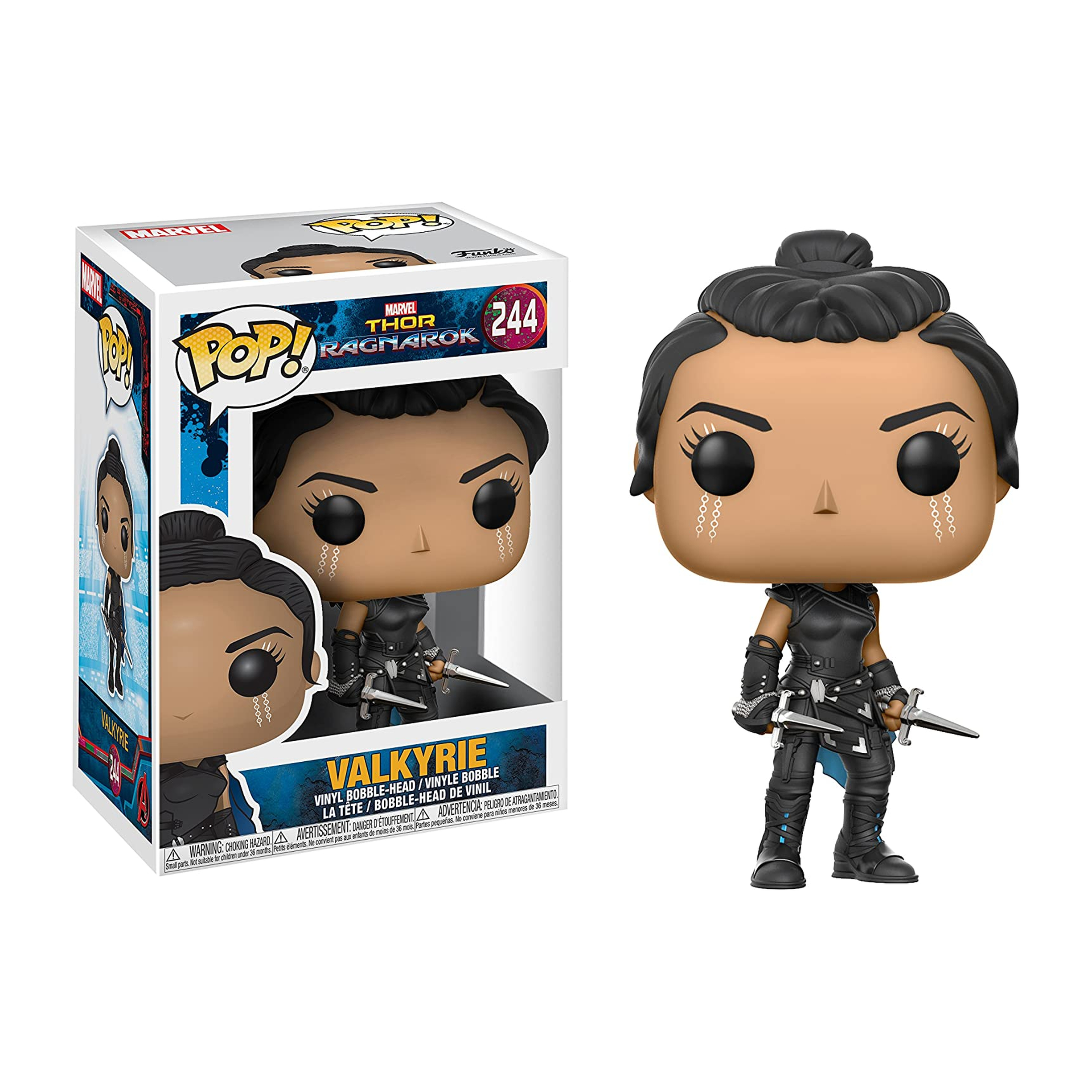 Eine Valkyrie-Actionfigur aus Thor: Ragnarok. Sie steht in einer Box und hält Schwerter.