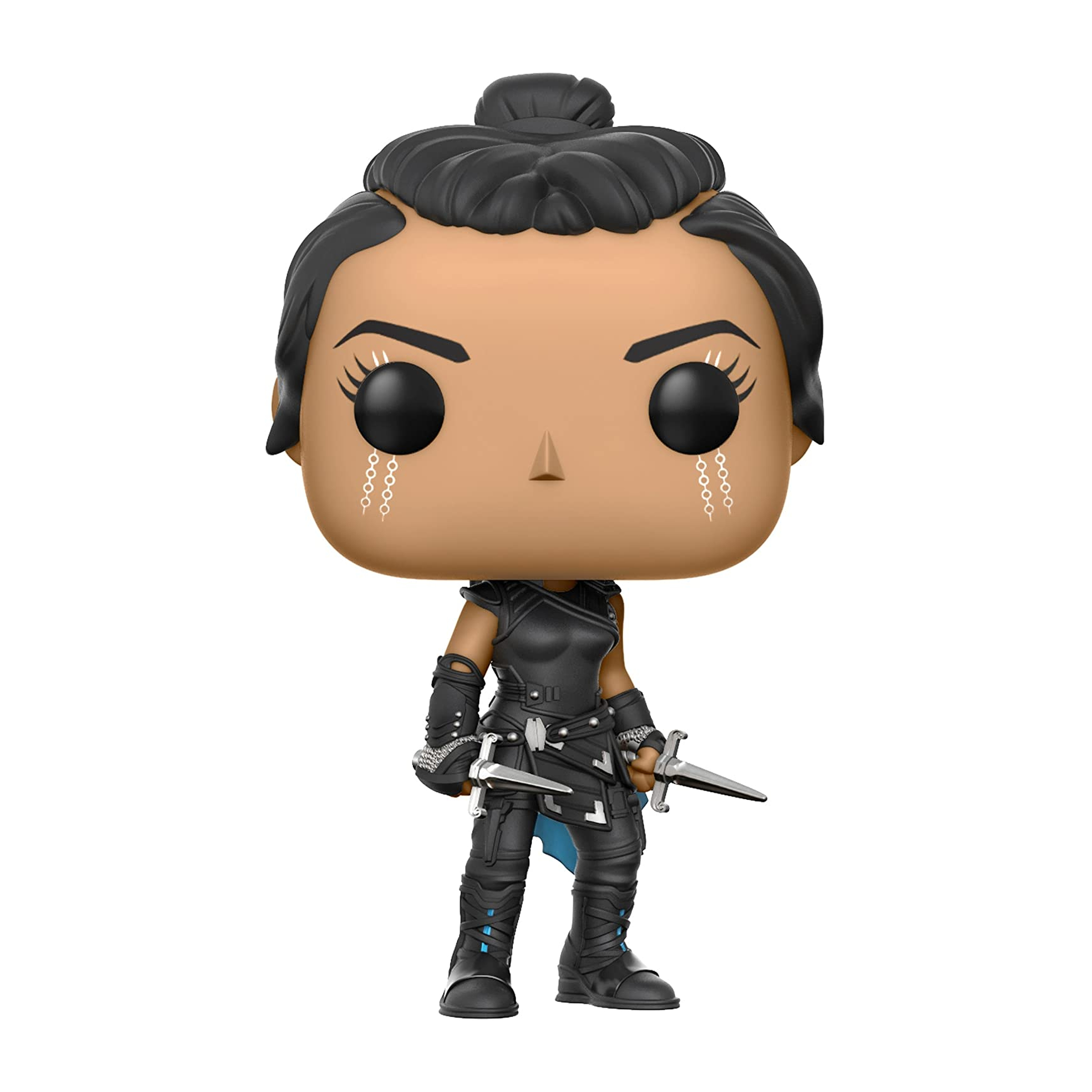 Funko Pop-Figur einer weiblichen Figur mit schwarzem Haar und Rüstung, die zwei Dolche hält.