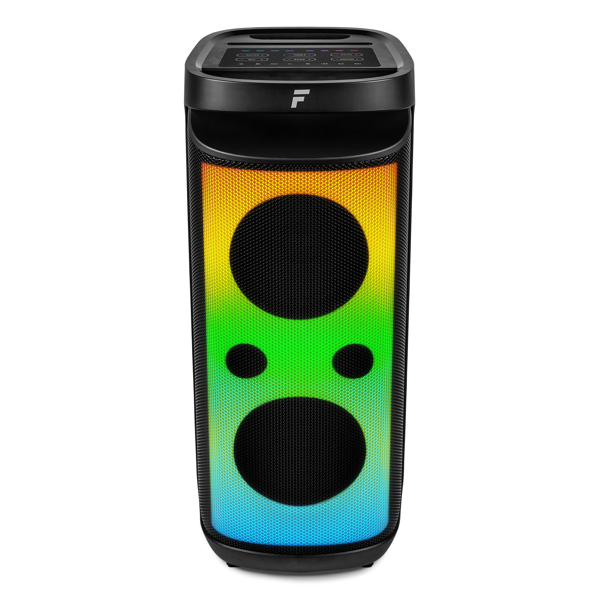 Altavoz negro alto con luces degradadas de colores. Se ven dos altavoces grandes y tres pequeños.