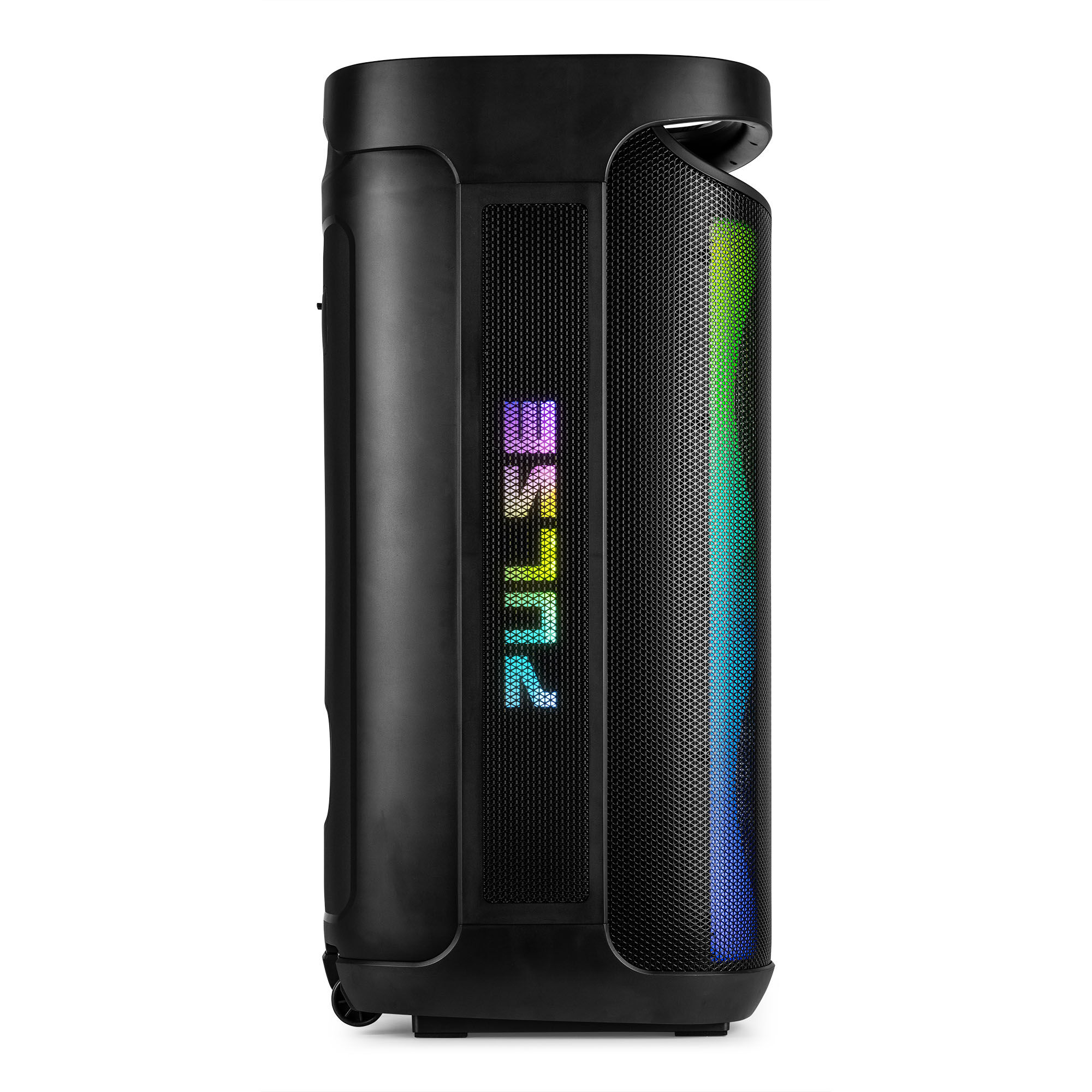Altavoz negro con pantalla de luz colorida. La palabra "PULSE" está al frente.