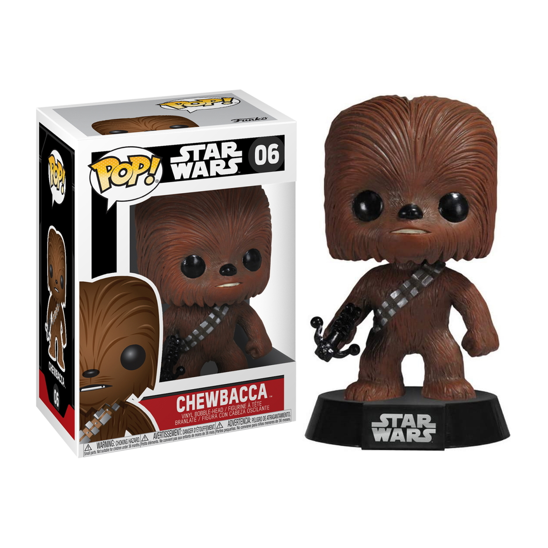 Chewbacca Pop! Figur in einer Box. Die Figur steht mit einer Waffe.