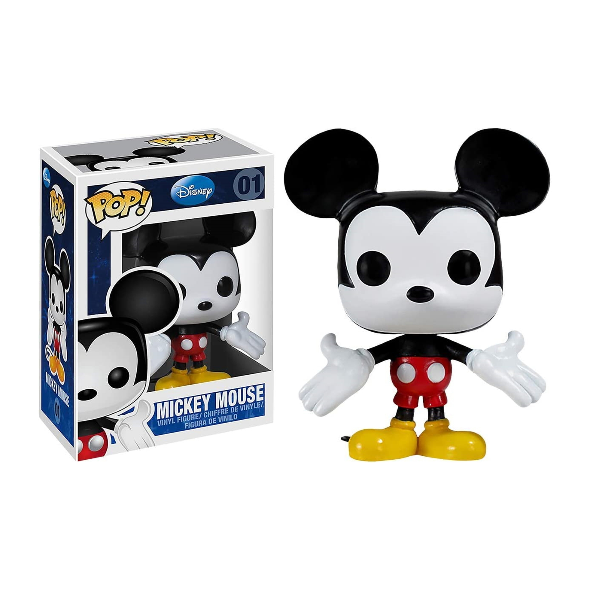 Figura Funko Pop di Topolino e scatola. Mickey nel suo outfit classico.