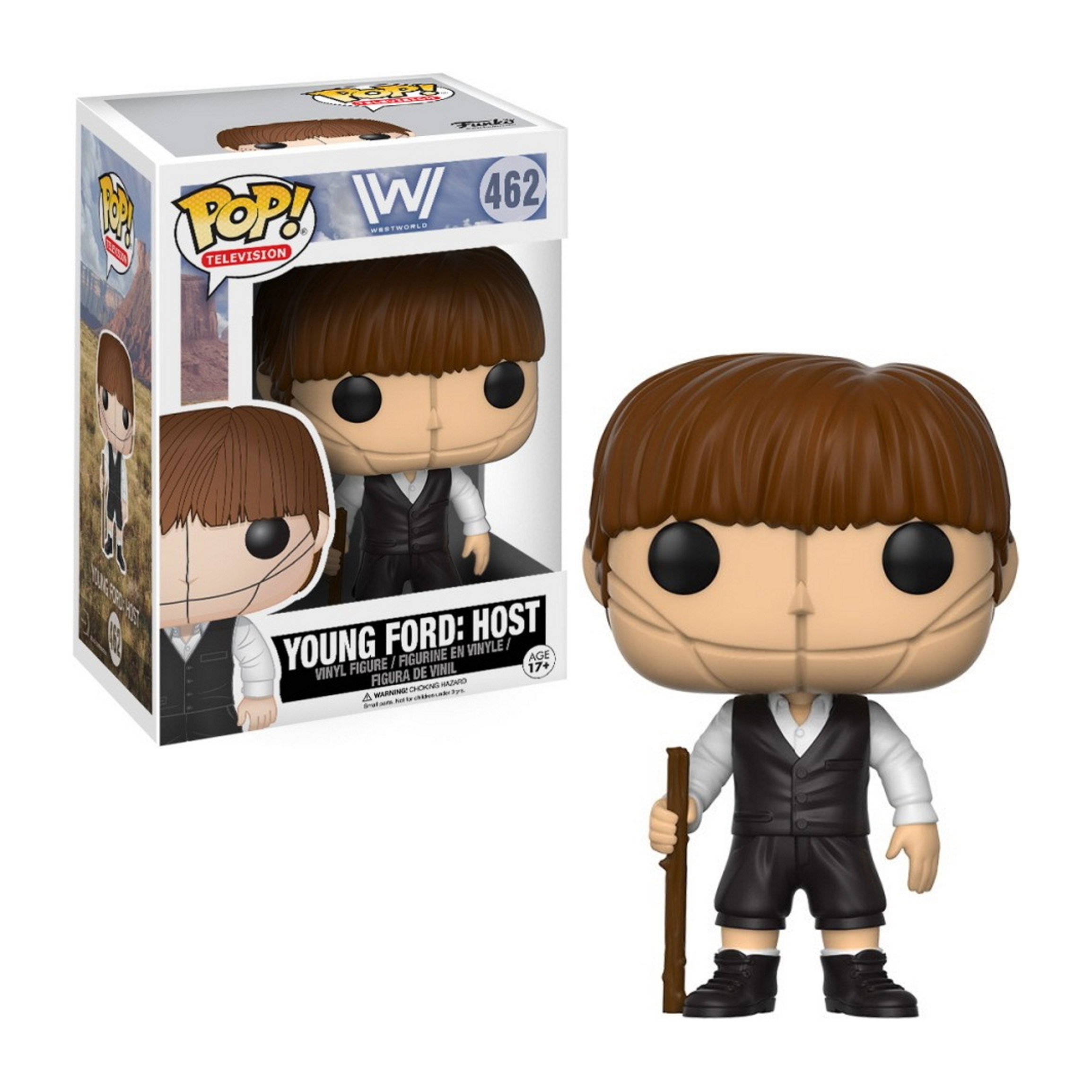 Eine Funko Pop-Figur von Young Ford: Host aus Westworld. Er hat braune Haare und hält einen Holzstock.