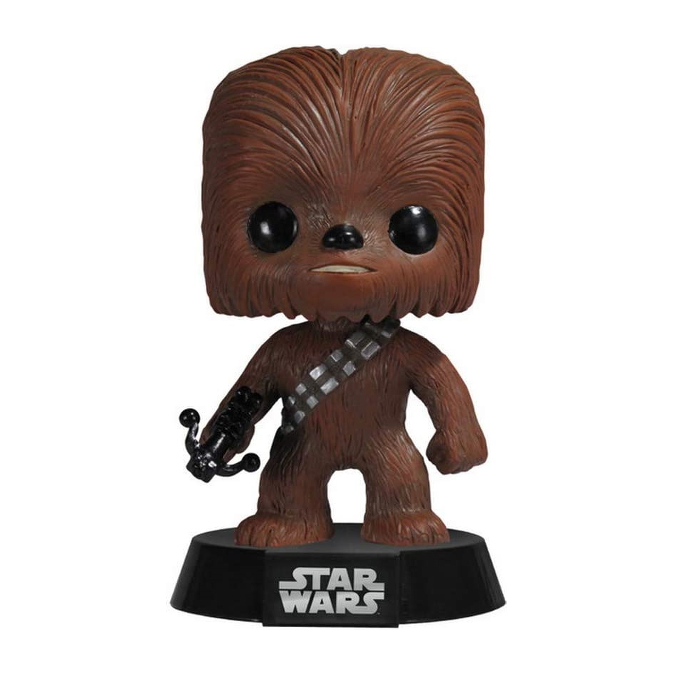 Chewbacca Funko Pop Figur auf schwarzer Basis mit Star Wars Text. Braunes Fell, hält eine Waffe.