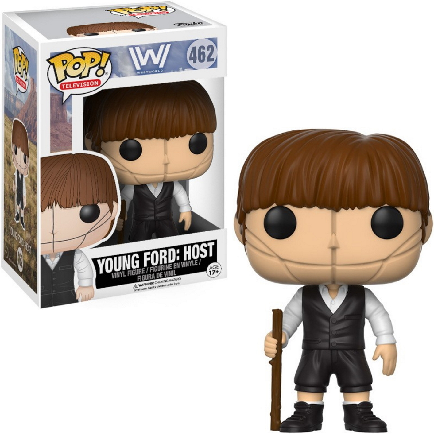 Eine Funko Pop Figur von Young Ford aus Westworld, mit der Box daneben.