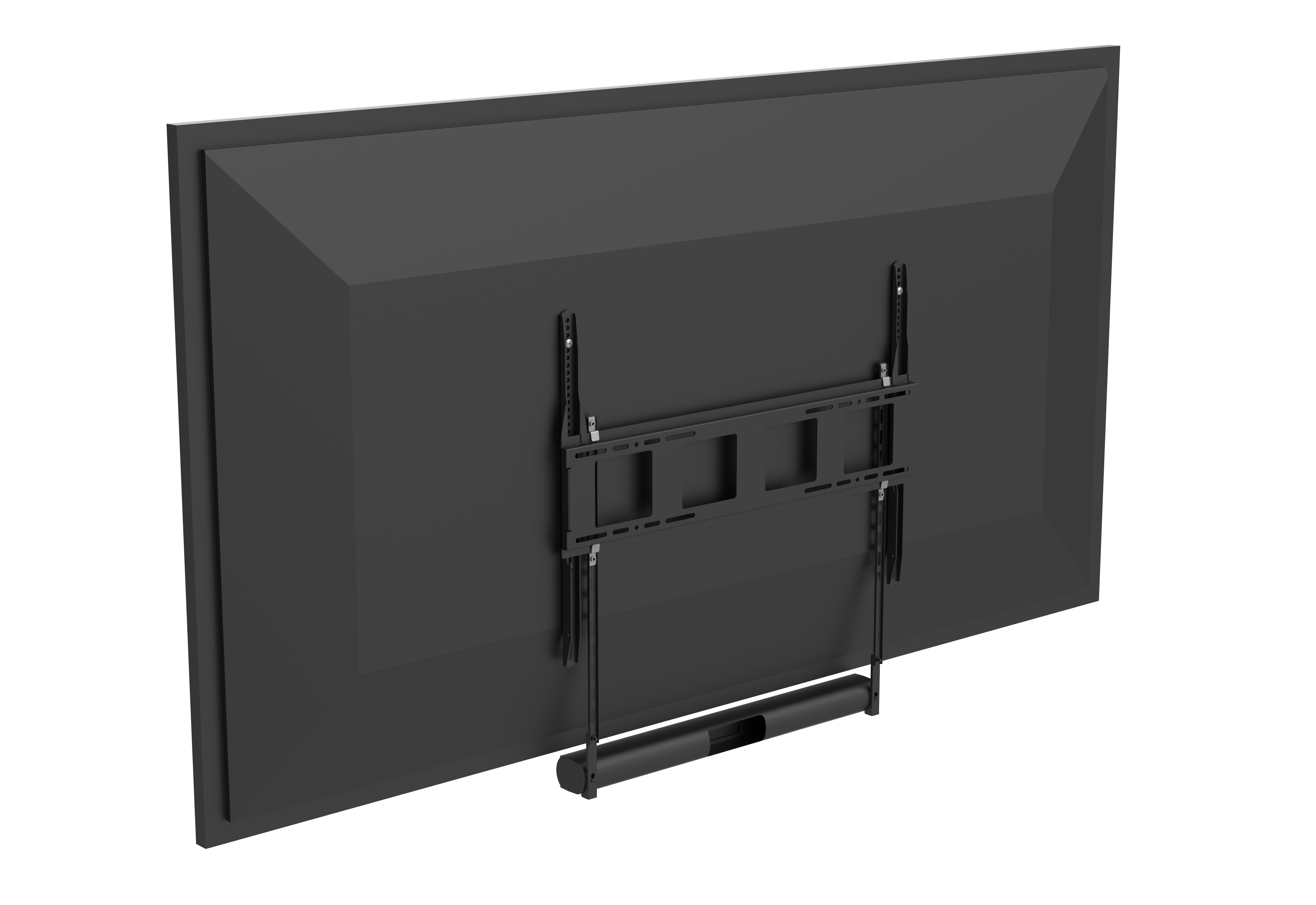 Tył czarnego telewizora z uchwytem i soundbarem.