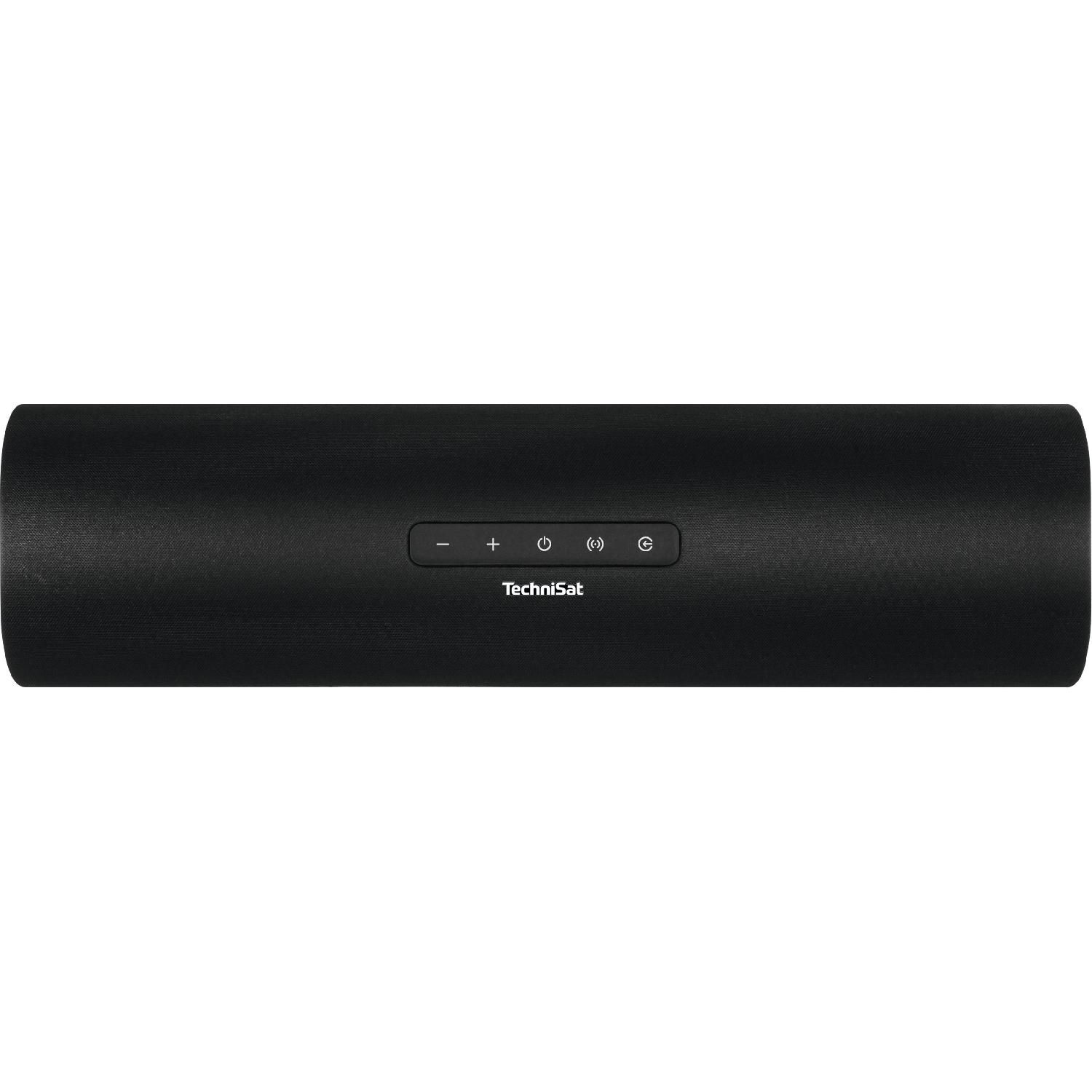 Czarny soundbar z przyciskami sterowania na białym tle.