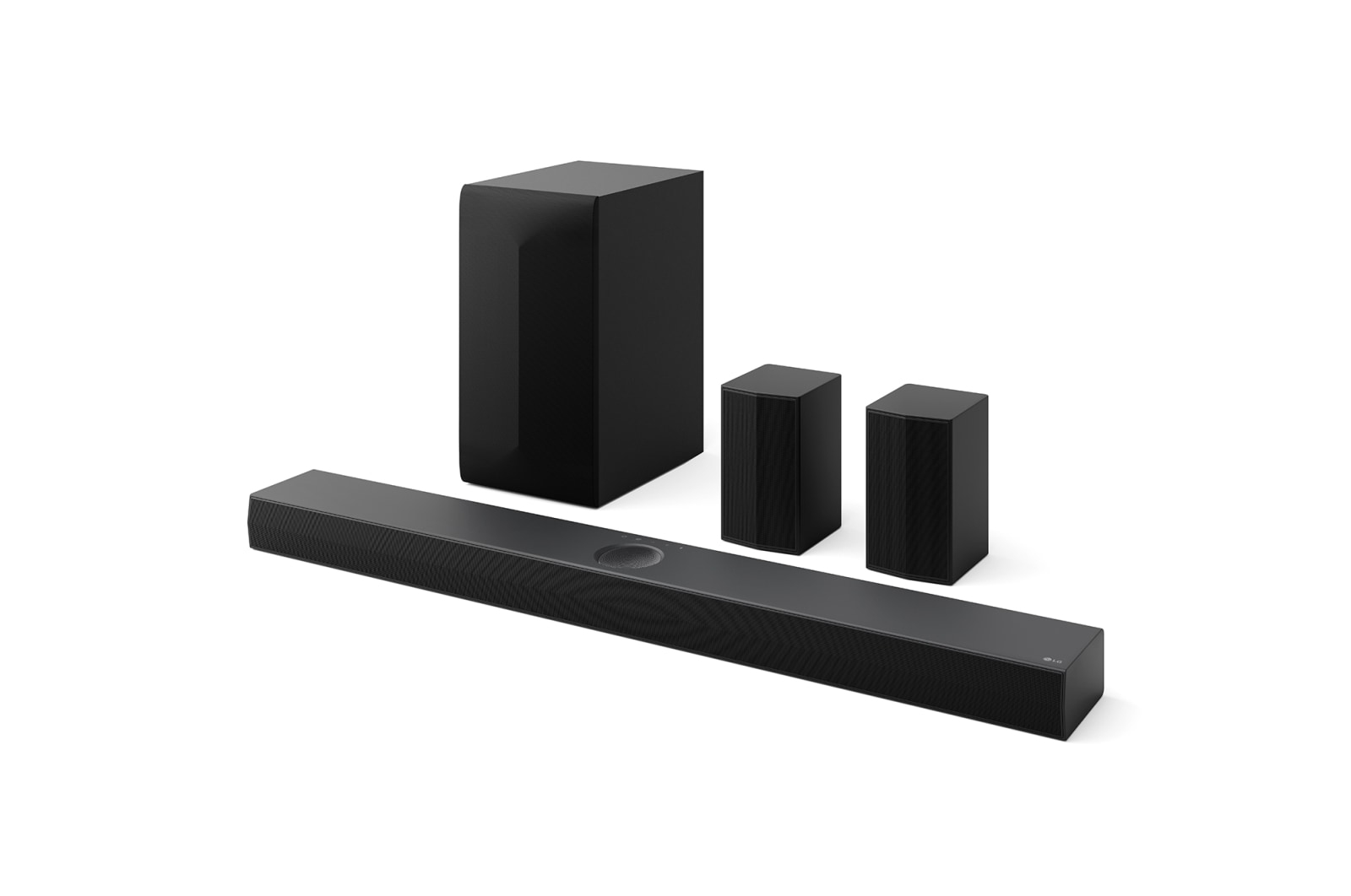 Un sistema audio nero con una soundbar, due altoparlanti e un subwoofer, tutto nero.