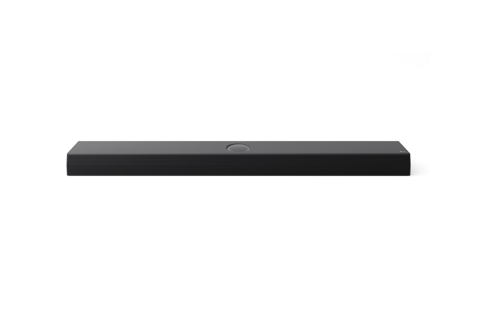 Una soundbar nera e rettangolare su sfondo bianco.