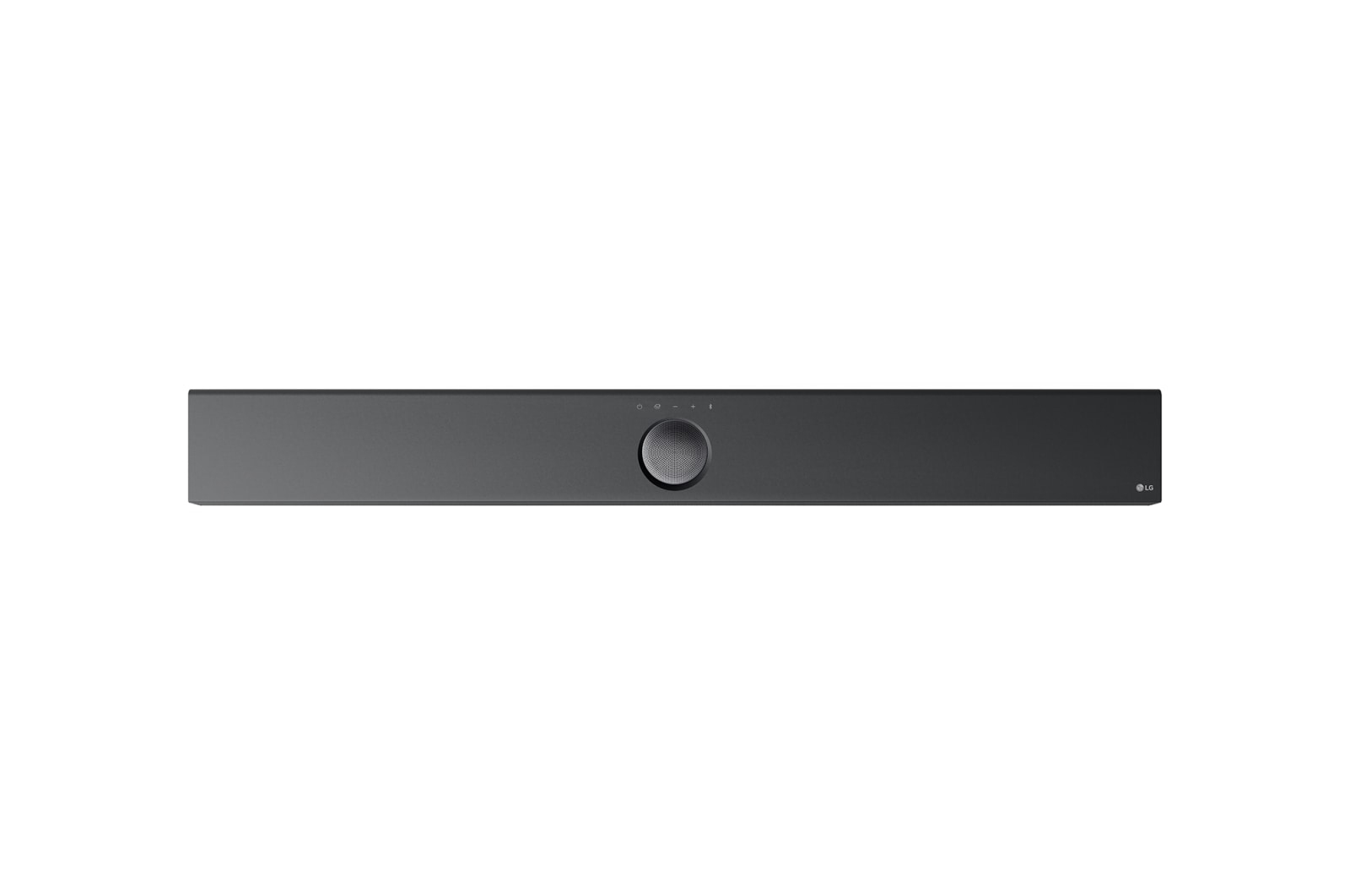 Soundbar grigio scuro, centrata su sfondo bianco. Un pulsante è visibile al centro.