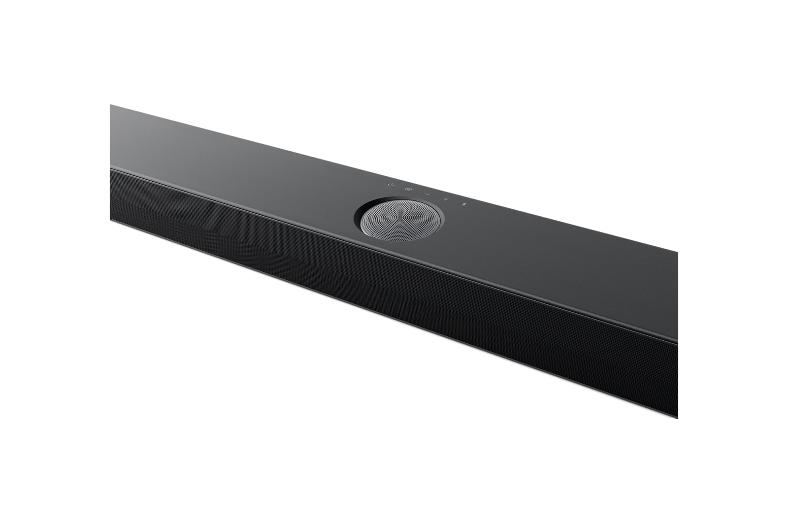 Soundbar nera con frontale a rete, su sfondo bianco.