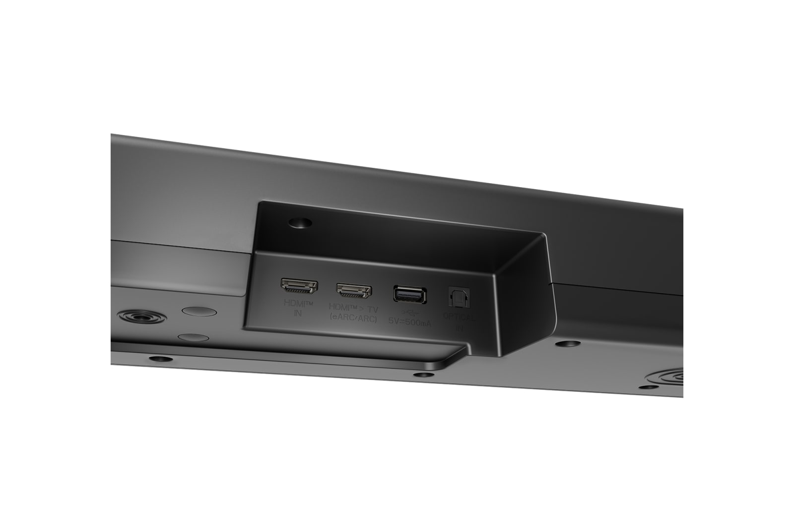 Retro di una soundbar nera con porte HDMI e USB.