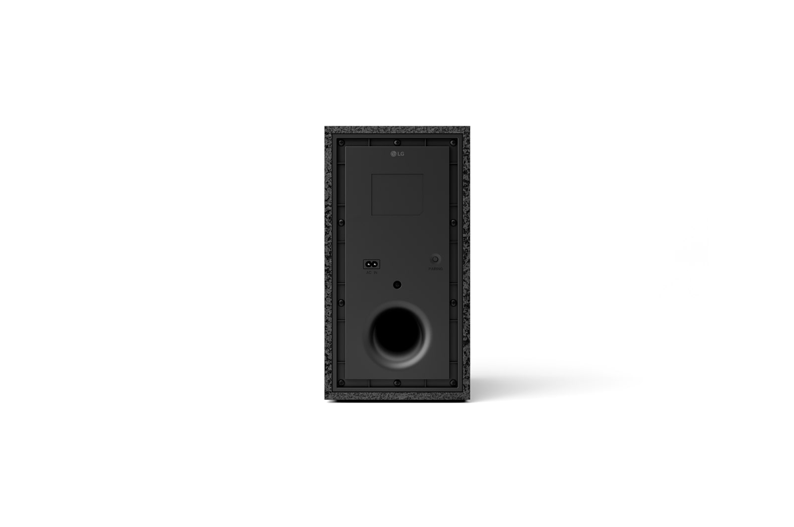 Retro di una soundbar nera, con foro per subwoofer e più porte.
