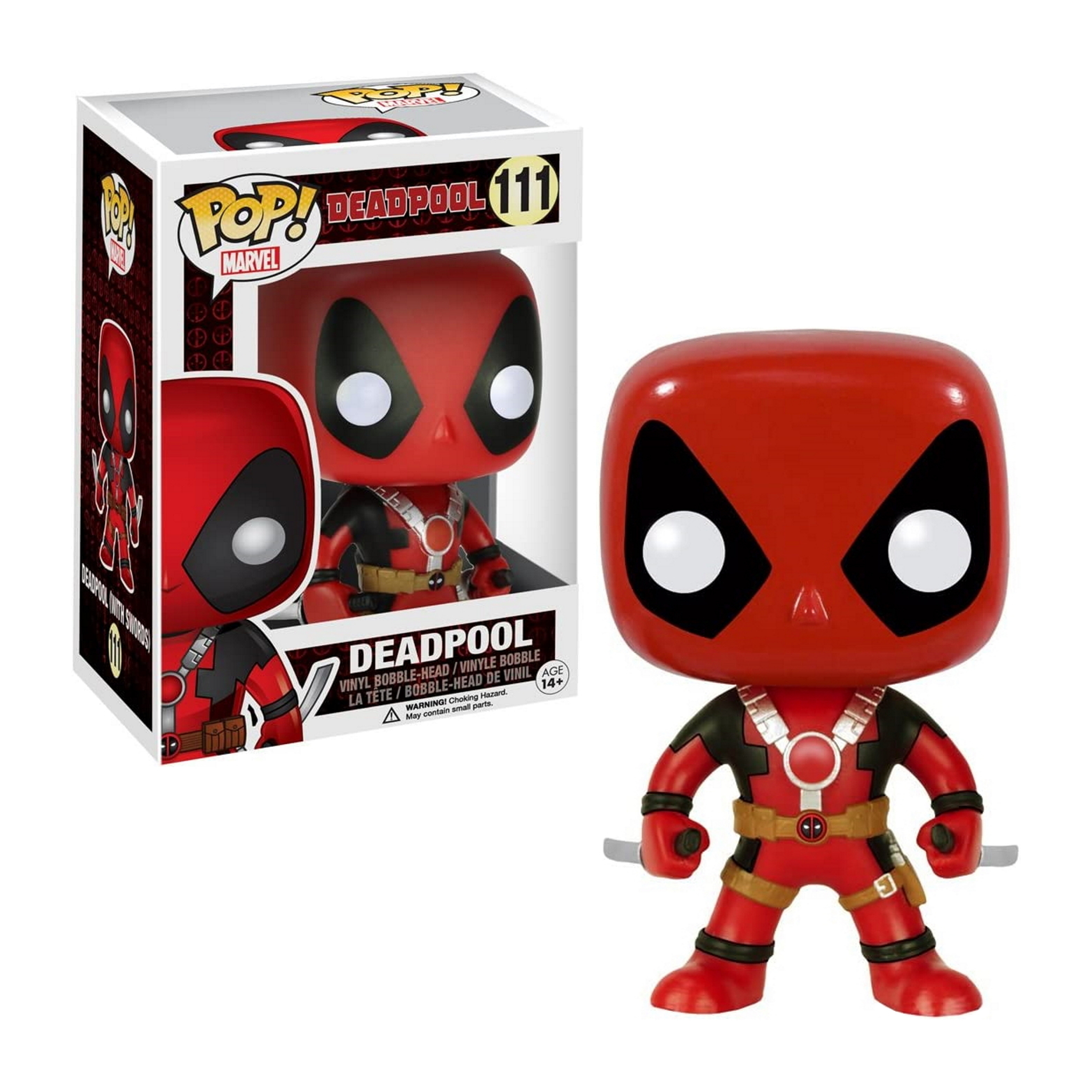 Figurka Deadpool Funko Pop w pudełku. Czerwono-czarny strój, dwa katany. Białe tło.