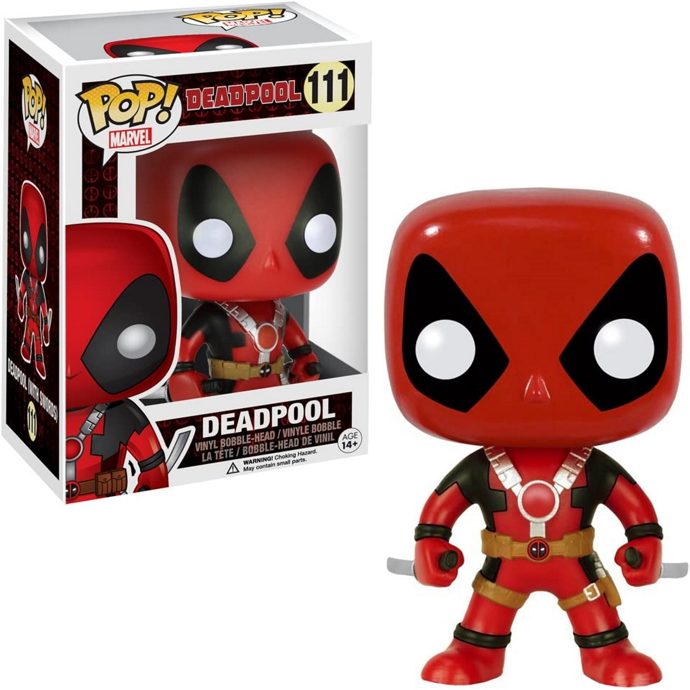 Figurka Deadpool Funko Pop z pudełkiem. Figurka jest czerwona i czarna, z mieczami.