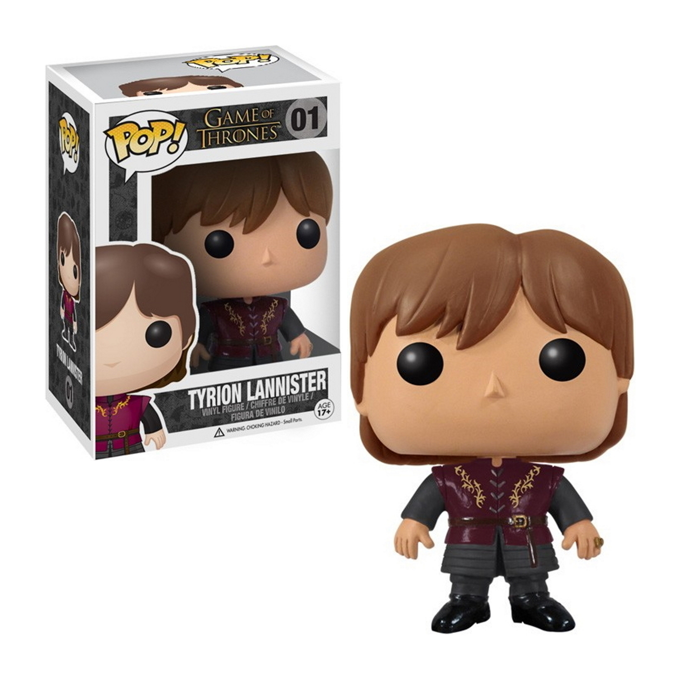 Tyrion Lannister Funko Pop Figur mit Box im Hintergrund, vor weißem Hintergrund.
