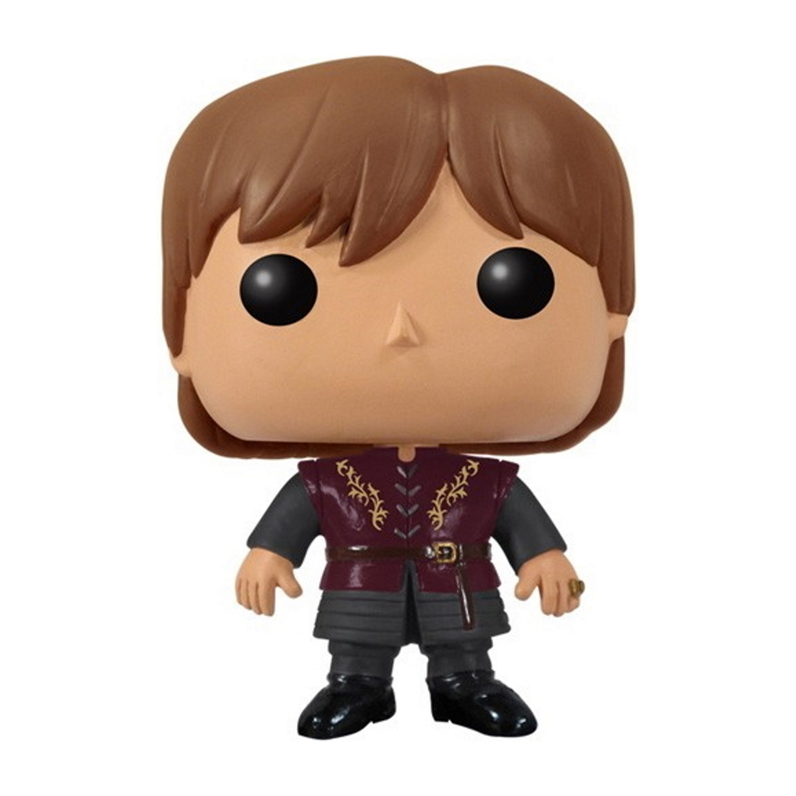 Eine Funko Pop-Figur einer Figur mit braunen Haaren, einer weinroten Weste und einer schwarzen Hose.