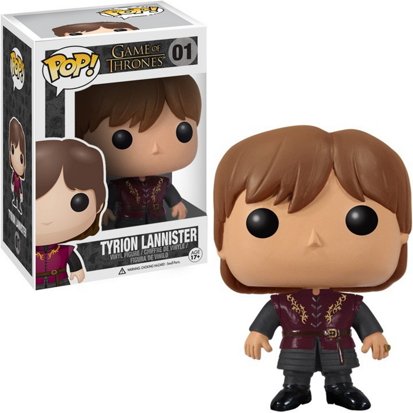 Tyrion Lannister Funko Pop Figur und Box. Figur trägt rote Weste, grauen Anzug, kurze braune Haare und große Augen.
