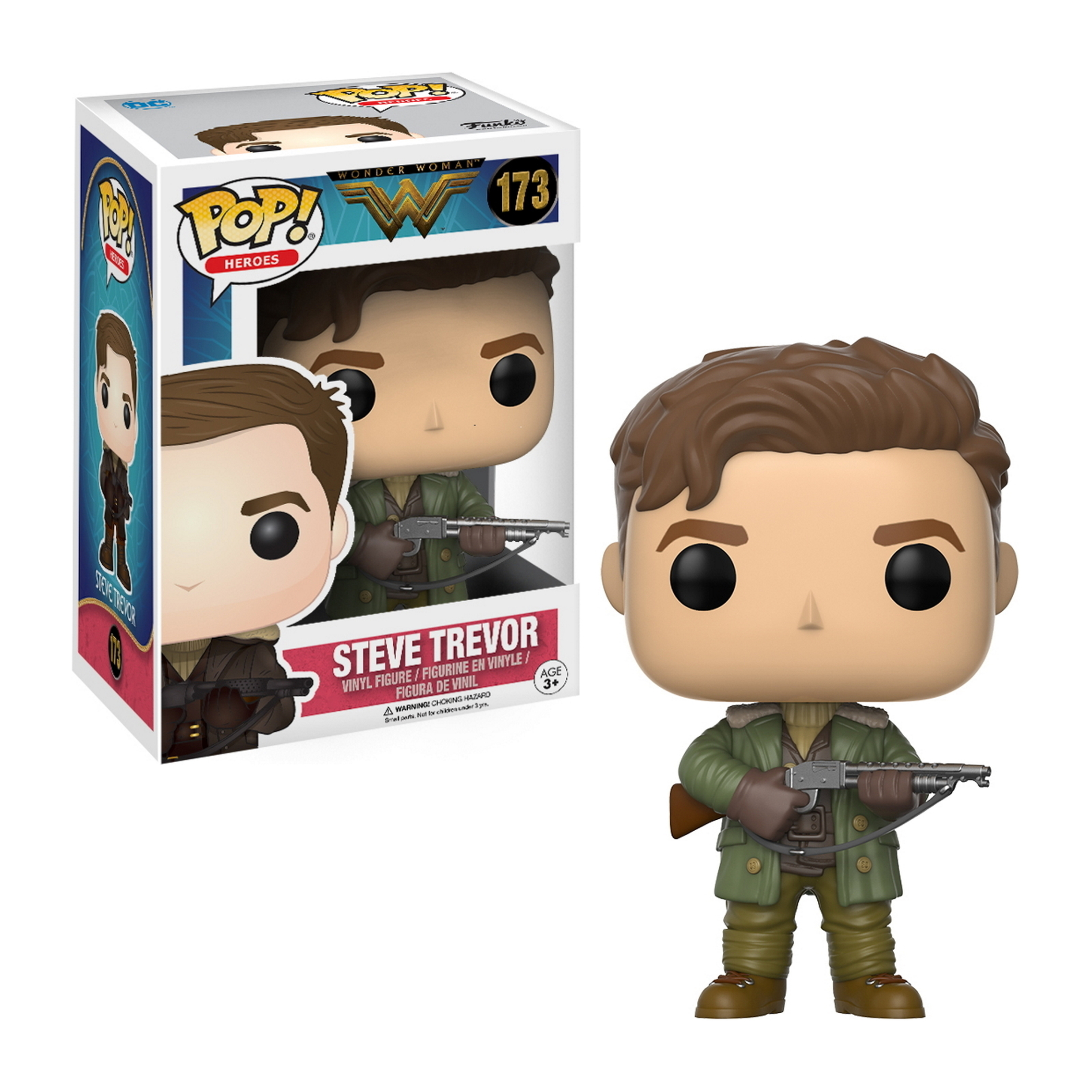 Una figura Funko Pop di Steve Trevor di Wonder Woman, in una scatola ed esposta.