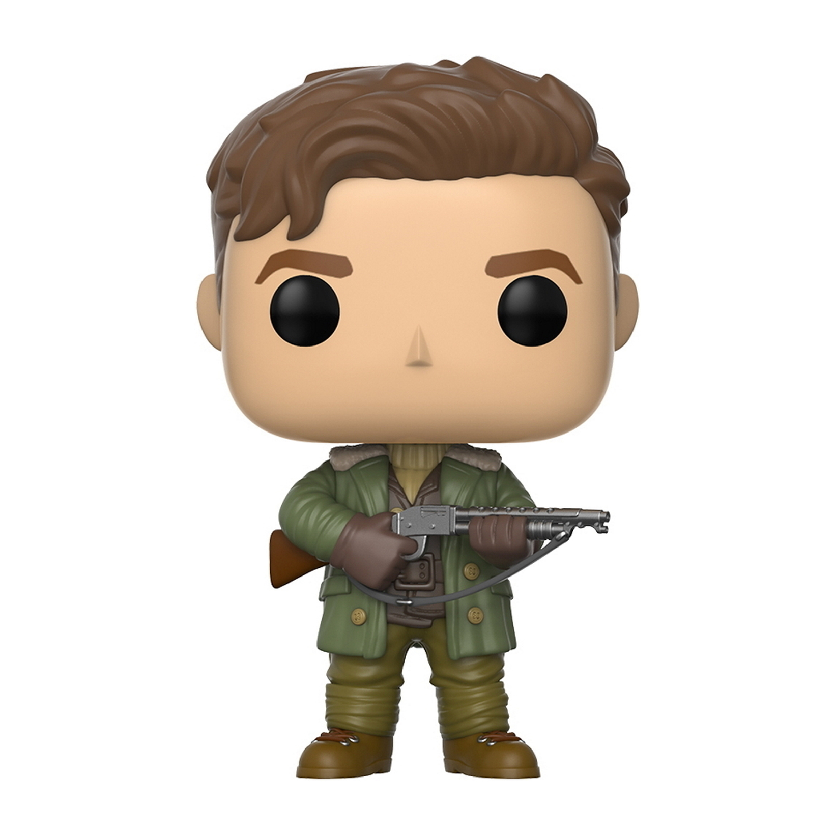 Figurina Funko Pop di un uomo che tiene una pistola. Indossa un cappotto verde.