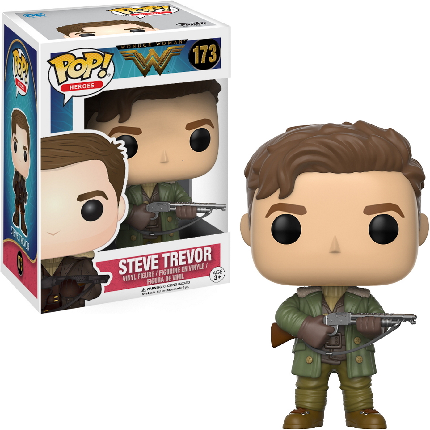 Figura Funko Pop di Steve Trevor in scatola e fuori, con un fucile, su sfondo bianco.