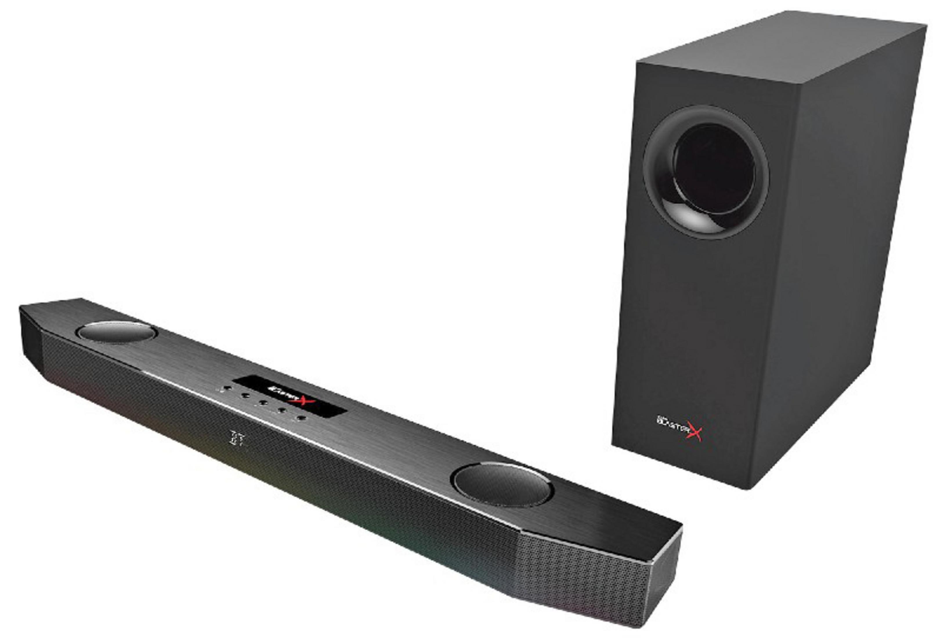 Una soundbar nera e un subwoofer nero su sfondo bianco.