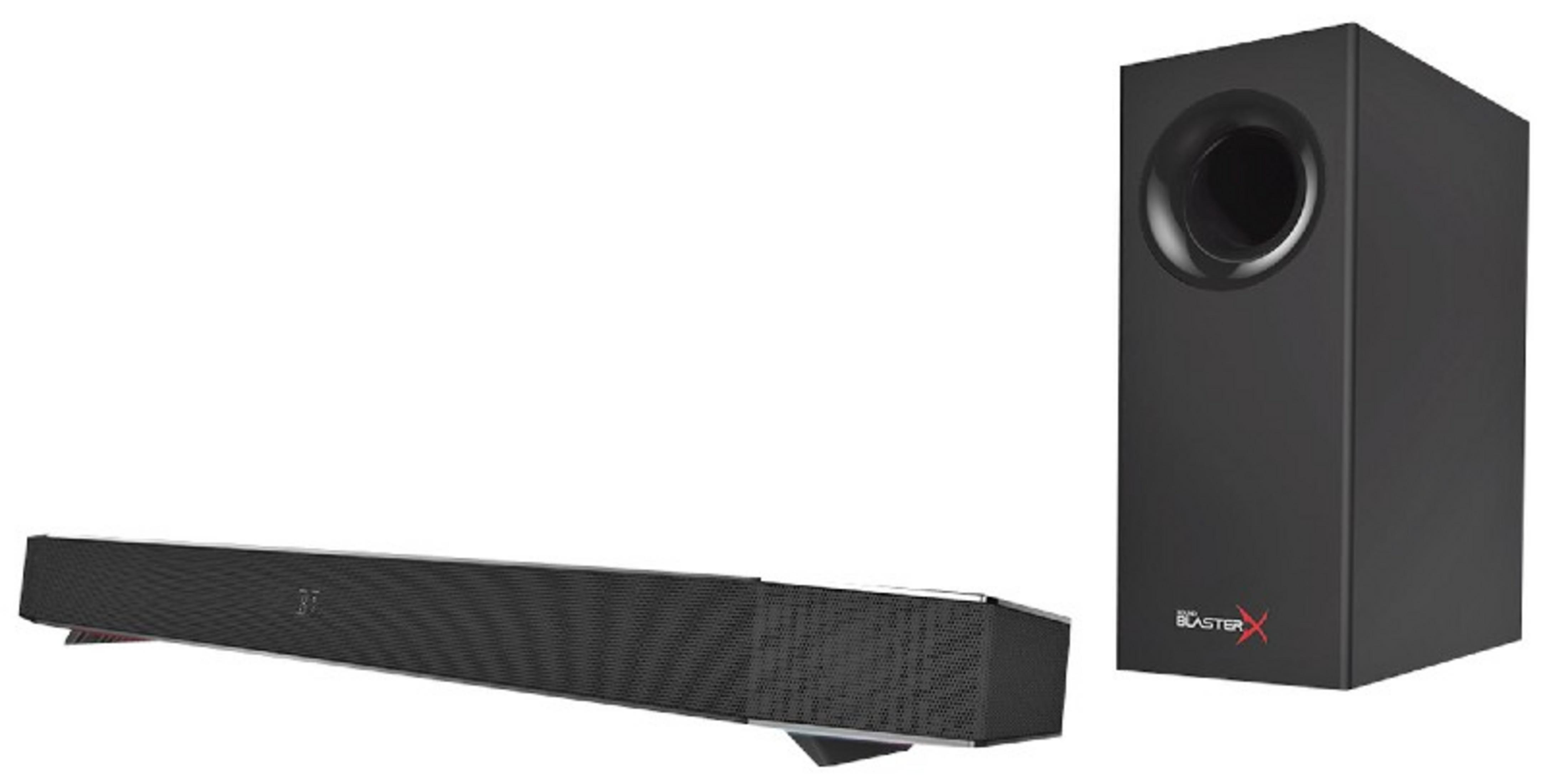 Set soundbar e subwoofer neri, sfondo bianco.