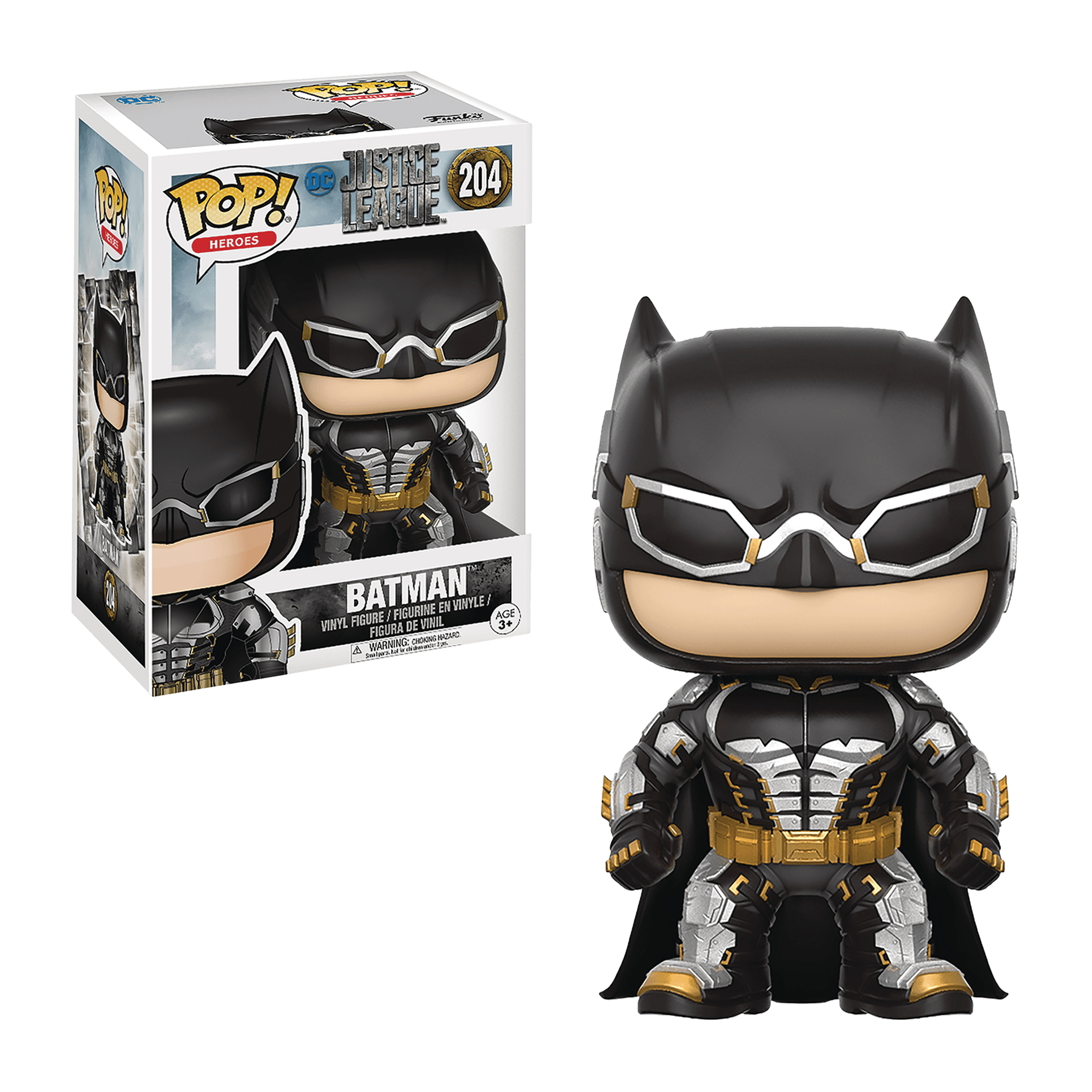 Funko Pop Figur von Batman in einem schwarz-silbernen Anzug aus Justice League. Er hat einen schwarzen Umhang.