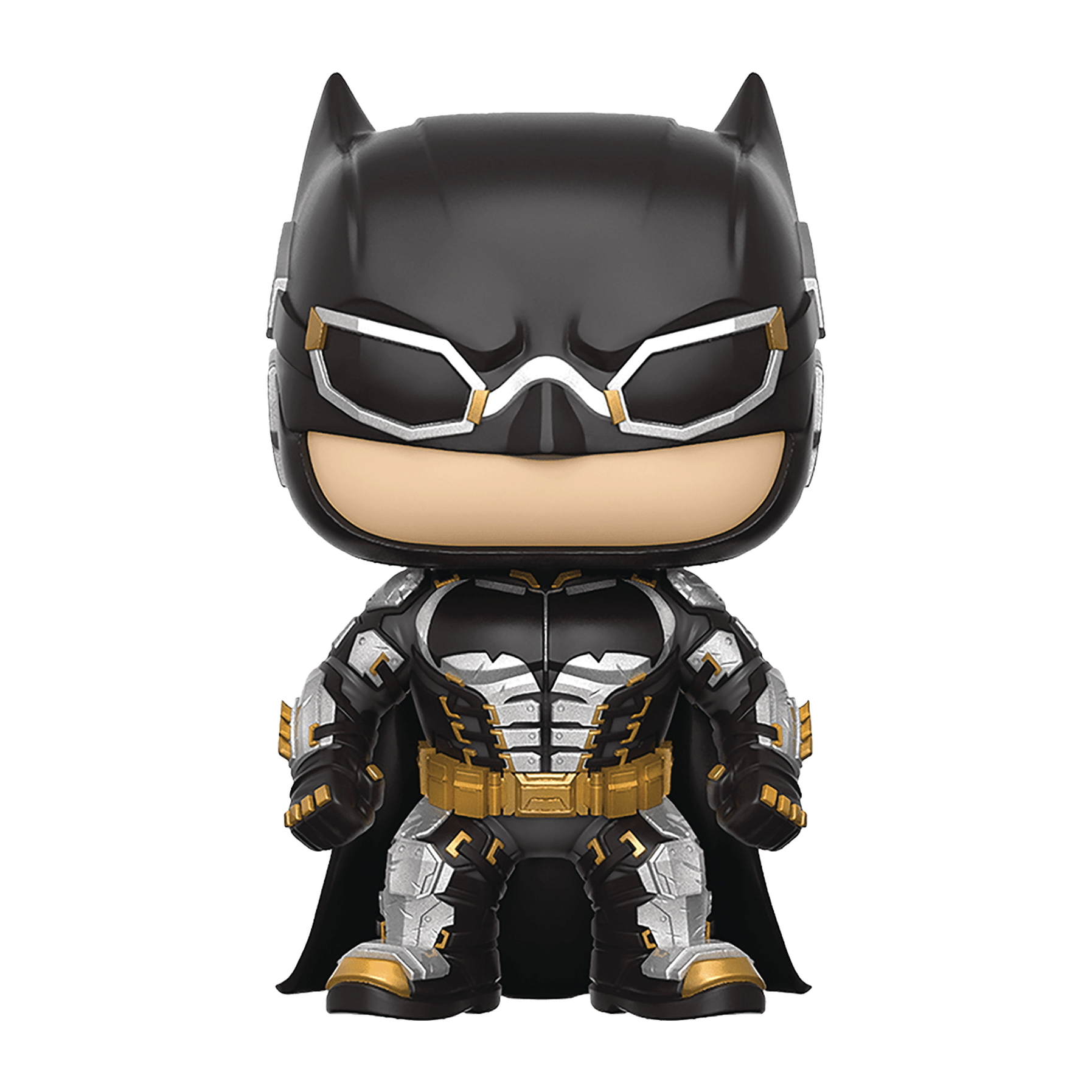 Eine Batman Funko Pop-Figur. Er trägt einen schwarzen Anzug mit goldenen und silbernen Akzenten und einen schwarzen Umhang.