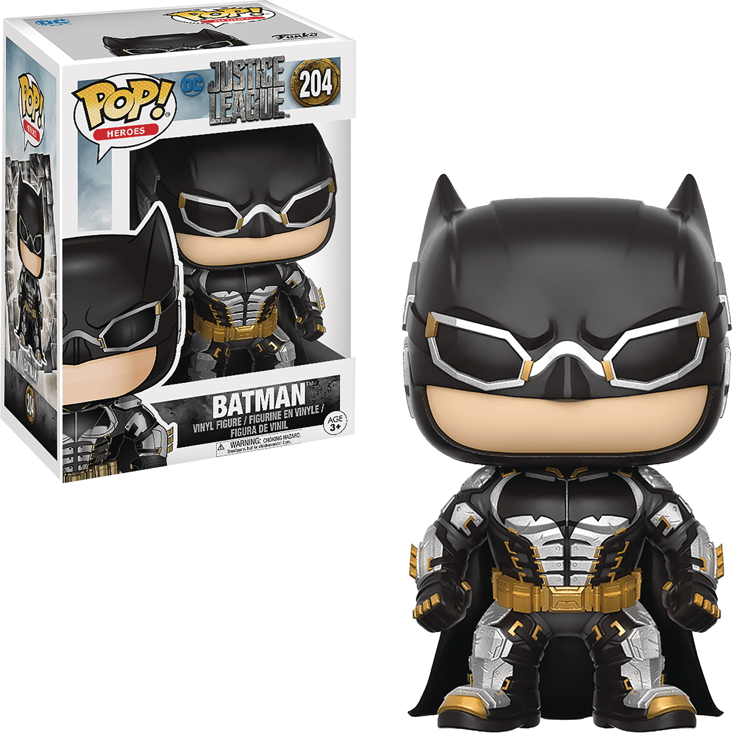 Batman Funko Pop Figur mit Box. Schwarzer Anzug mit goldenen Akzenten. Kapuze, Umhang, entschlossen.