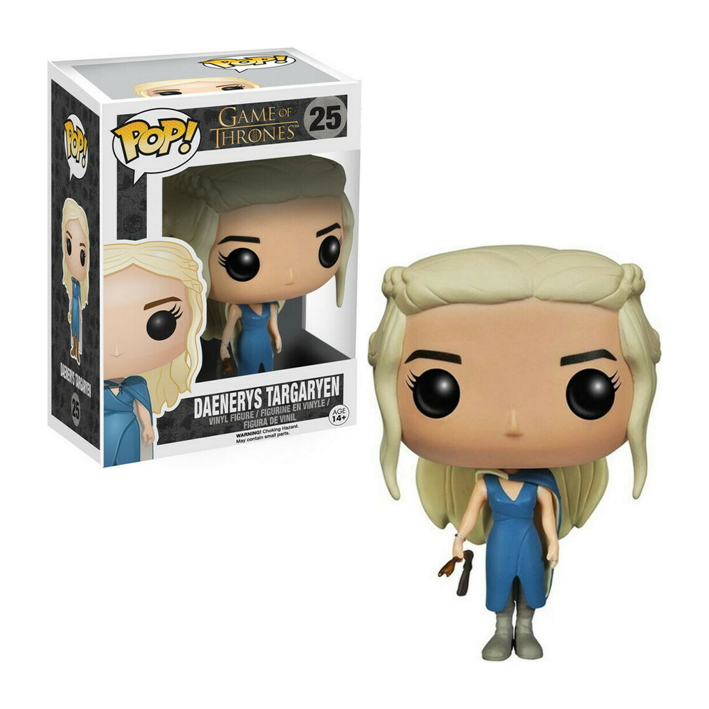Daenerys Targaryen Funko Pop Figur in Box. Blondes Haar, blaues Kleid, hält ein kleines Objekt.