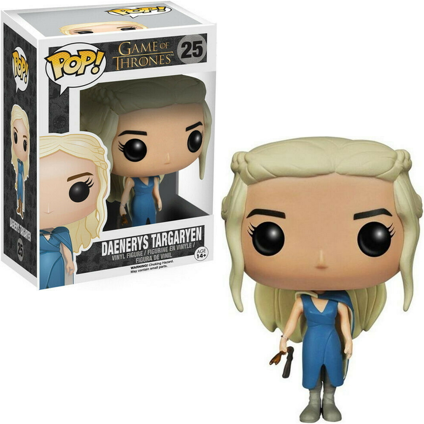 Daenerys Targaryen Funko Pop Figur und Box. Sie trägt ein blaues Kleid.