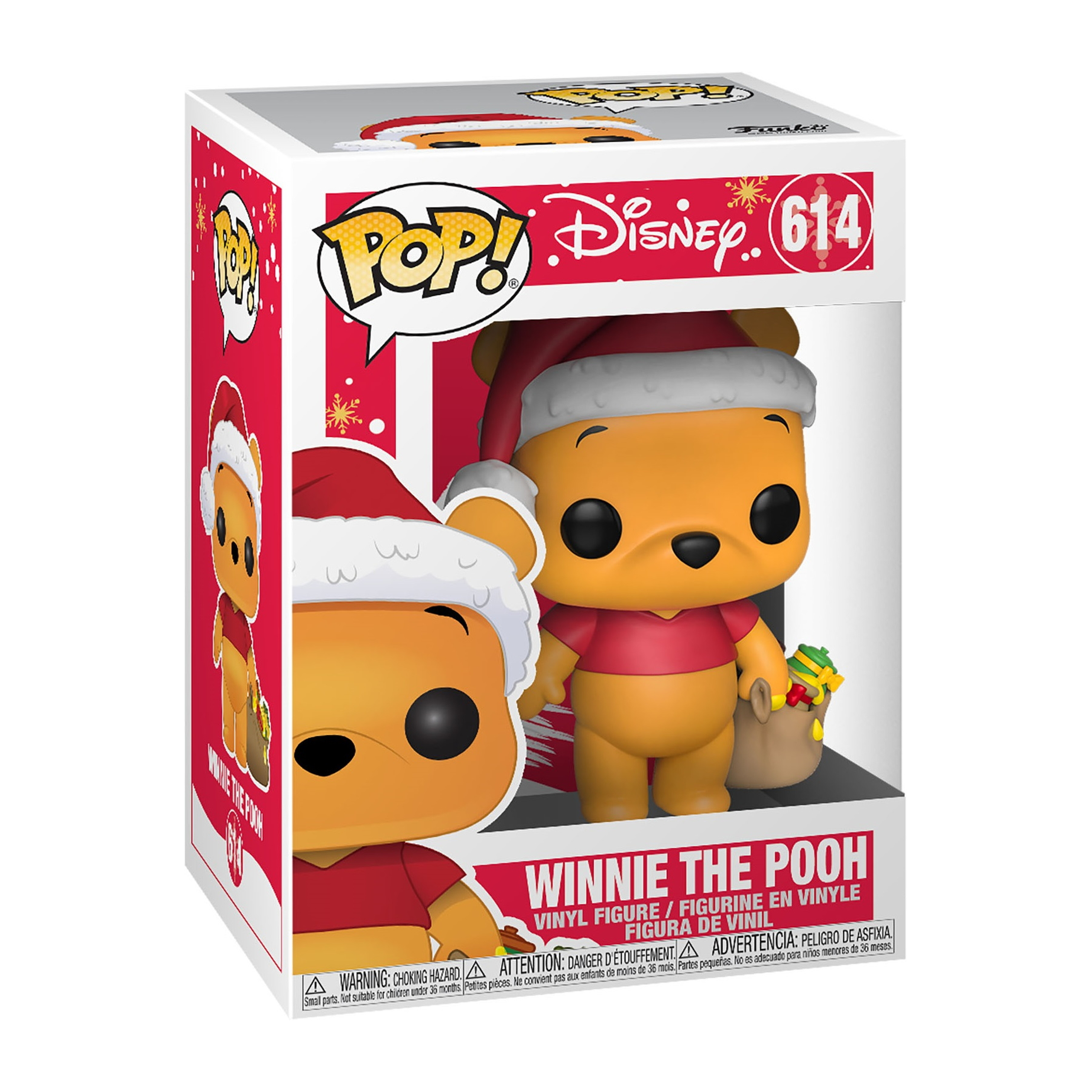 Winnie Puuh-Figur in einer Box. Trägt einen Weihnachtsmannhut und ein rotes Hemd. Hält einen Sack.