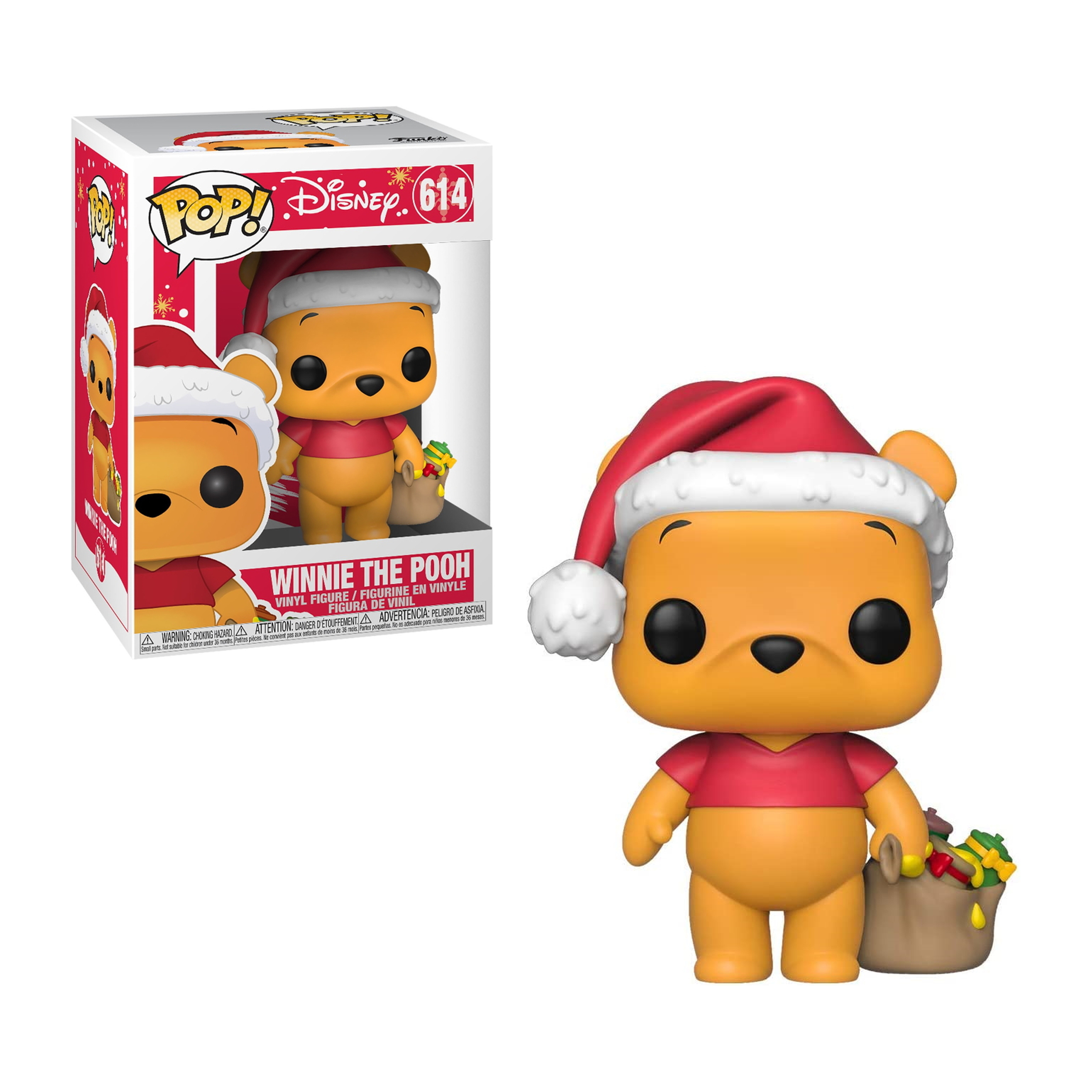 Winnie the Pooh Figur mit Weihnachtsmütze und Geschenktüte, neben einer Box mit demselben Bild.