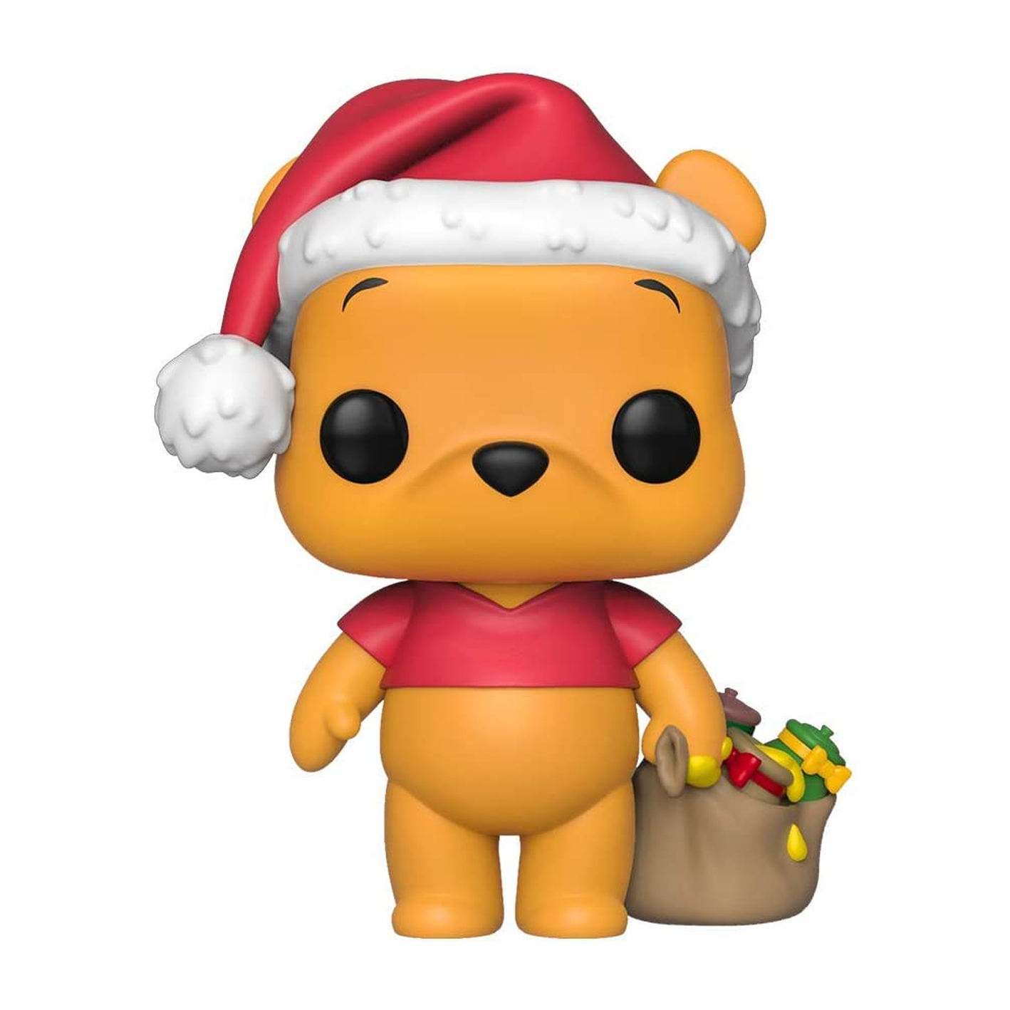 Winnie-the-Pooh-Figur mit Weihnachtsmütze und Geschenktüte. Weißer Hintergrund.