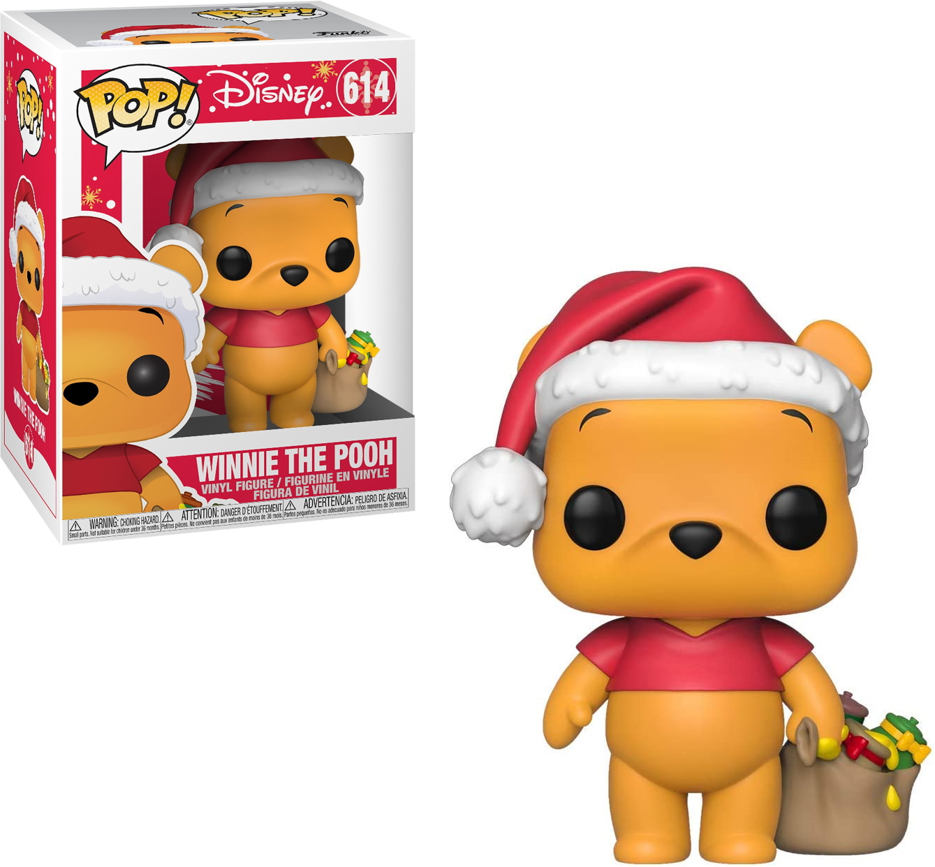 Funko Pop! Winnie the Pooh mit Weihnachtsmütze, Geschenkbeutel und die dazugehörige Box.
