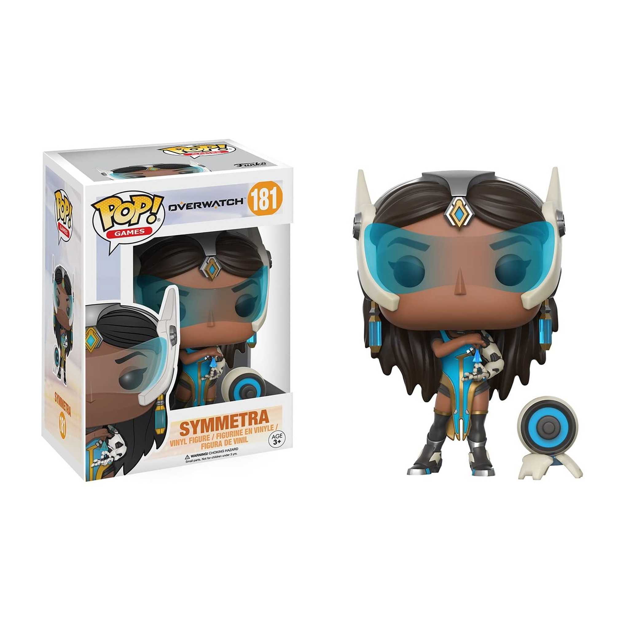 Overwatch Symmetra Figur in und aus der Box. Sie ist blau gekleidet, hat Kopfbedeckung und Waffe.