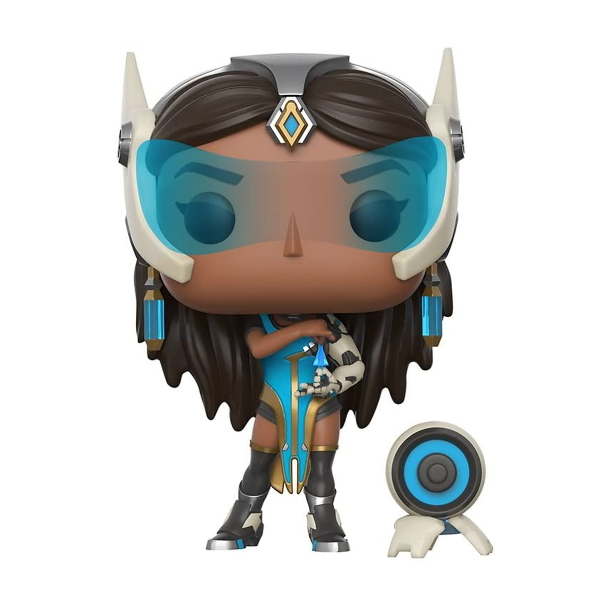 Eine Funko Pop Figur eines schwarzen weiblichen Videospielcharakters in blauer Kleidung.