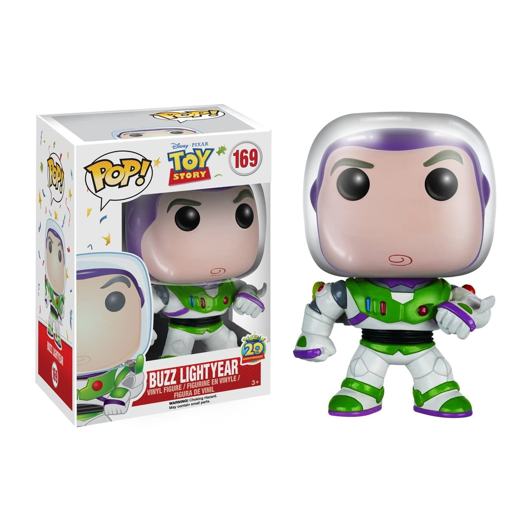Buzz Lightyear Funko Pop Figur mit Box. Weiß-grüner Raumanzug, Helm, entschlossener Gesichtsausdruck.