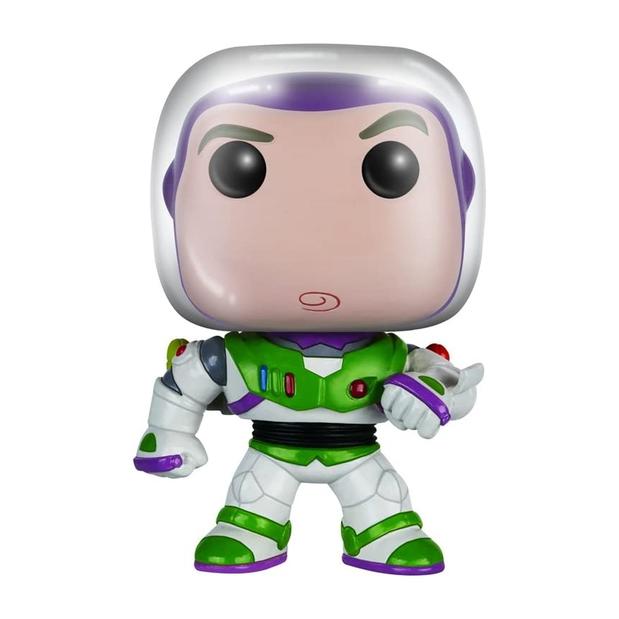 Eine Buzz Lightyear Funko Pop-Figur. Er trägt einen weißen und grünen Raumanzug mit einem lila Helm.