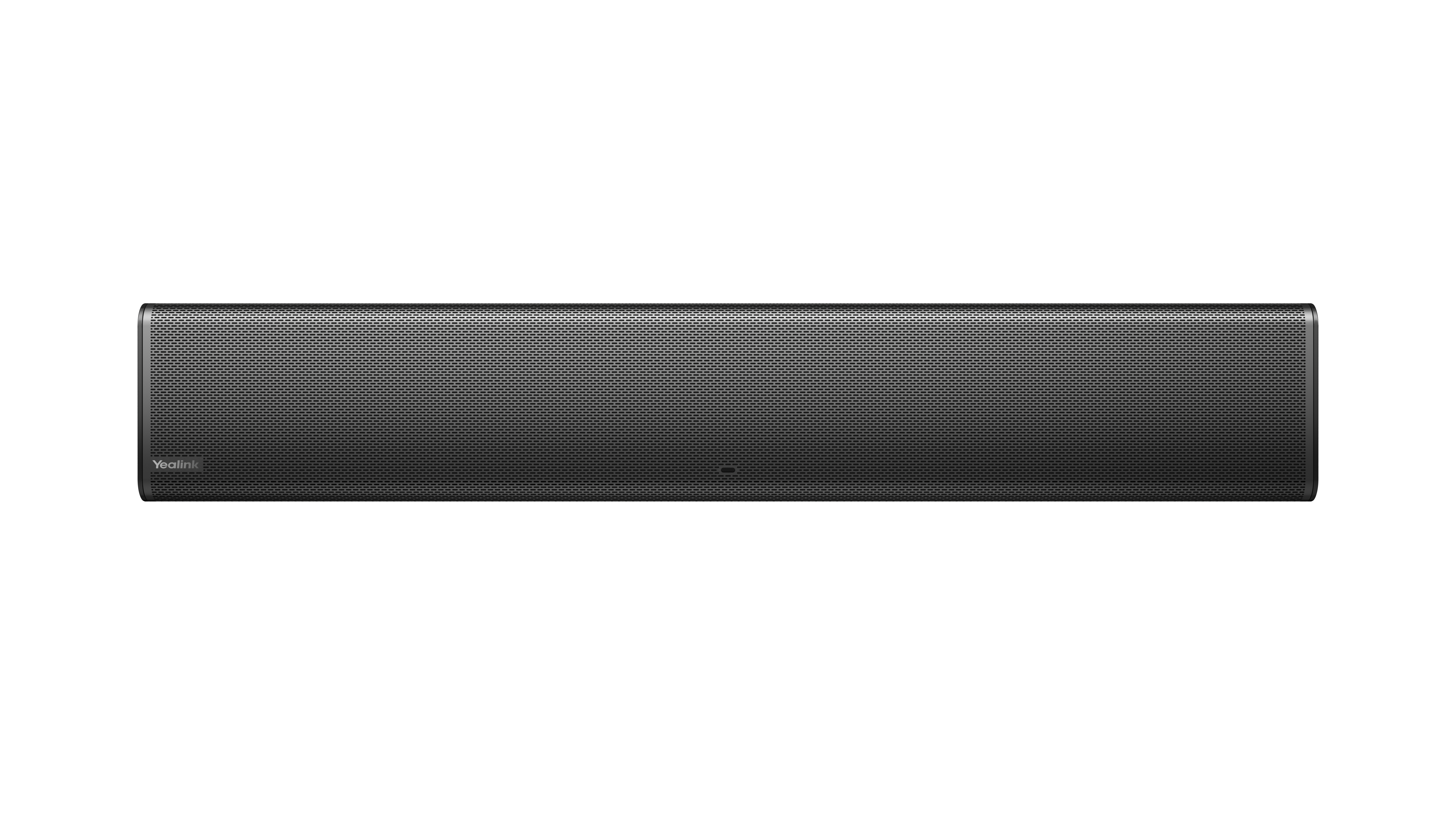 Una soundbar lunga e nera con una parte anteriore in rete. Il nome del marchio è visibile in basso a sinistra.