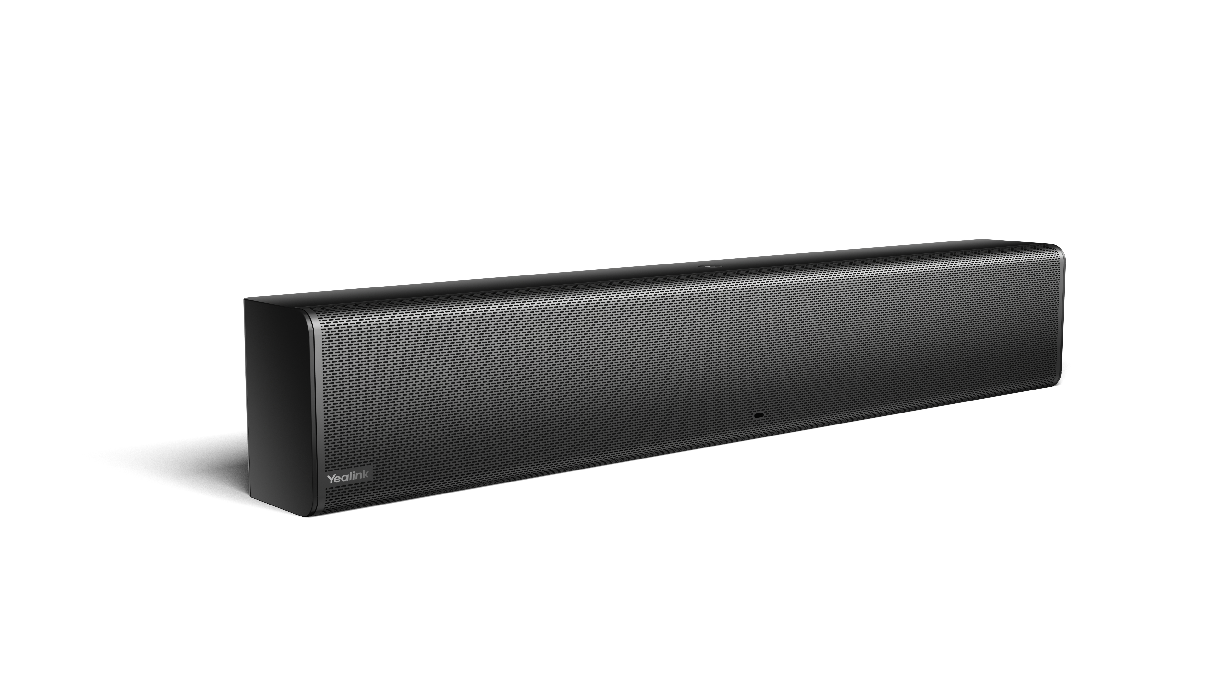 Soundbar Yealink nera. Forma rettangolare con frontale perforato. Logo Yealink visibile a sinistra.
