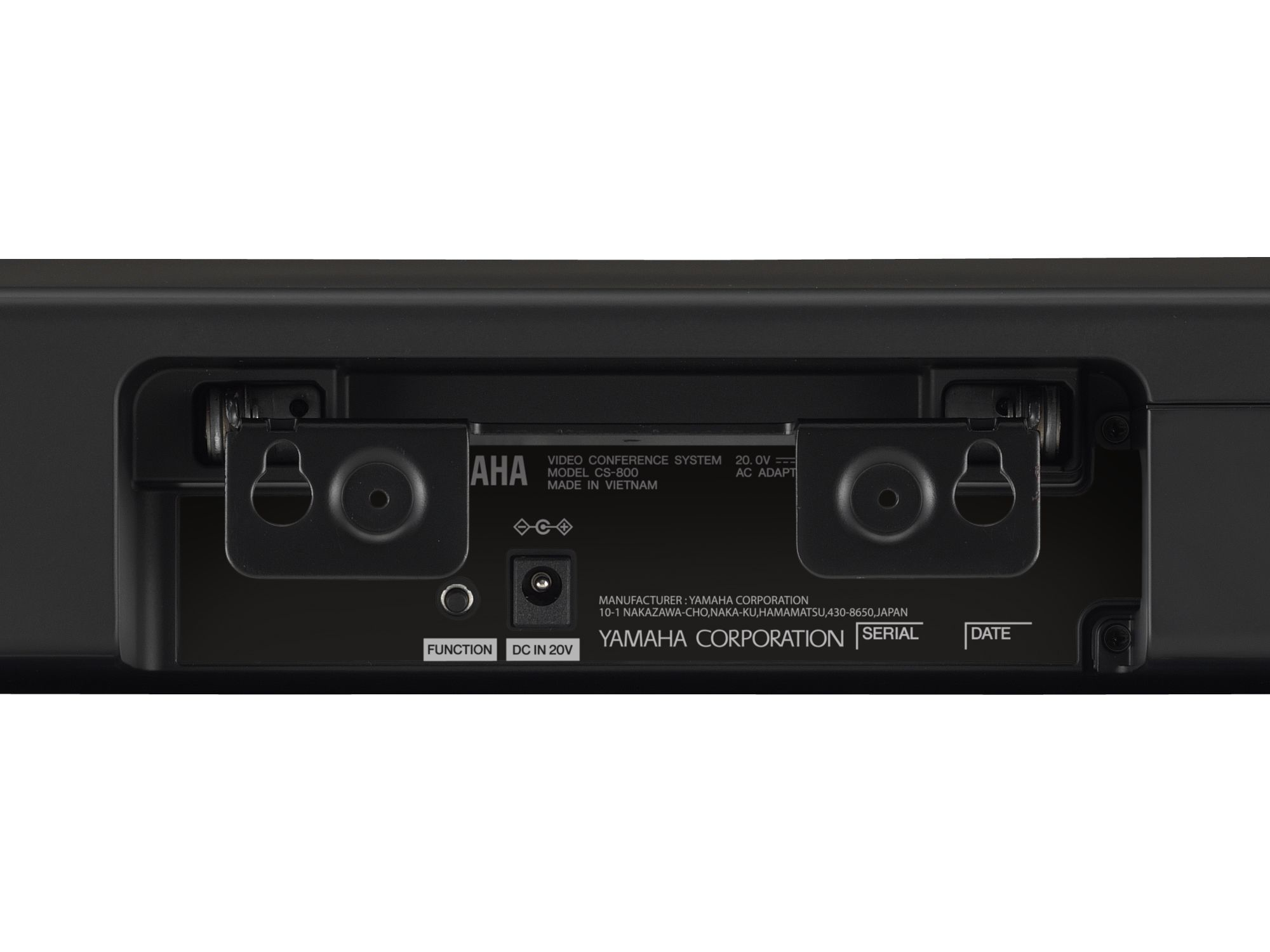 Nahaufnahme der Rückseite einer schwarzen Soundbar mit Anschlüssen und Etiketten.