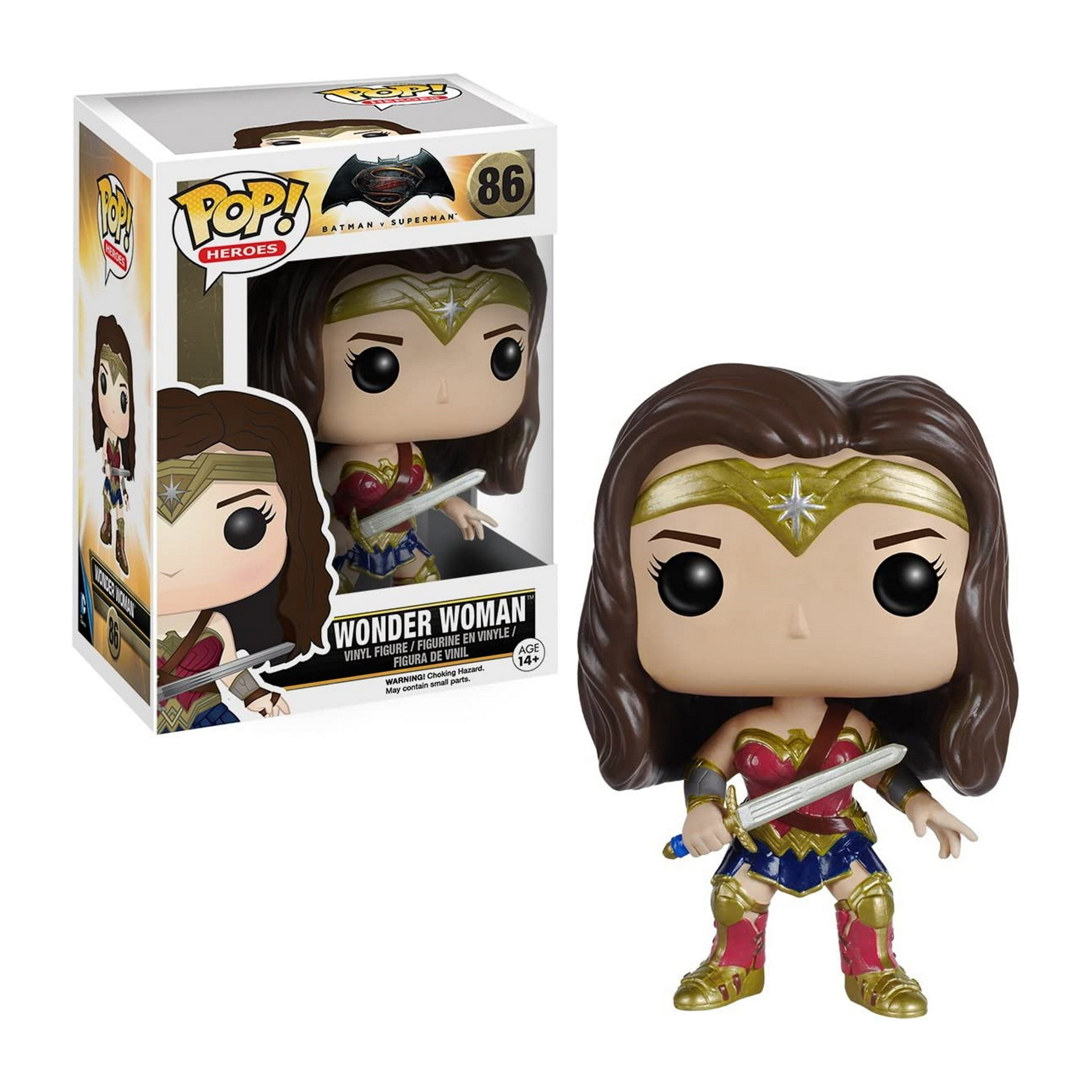 Wonder Woman Funko Pop Figur in und außerhalb der Box, Schwert und Schild haltend. Weiß.